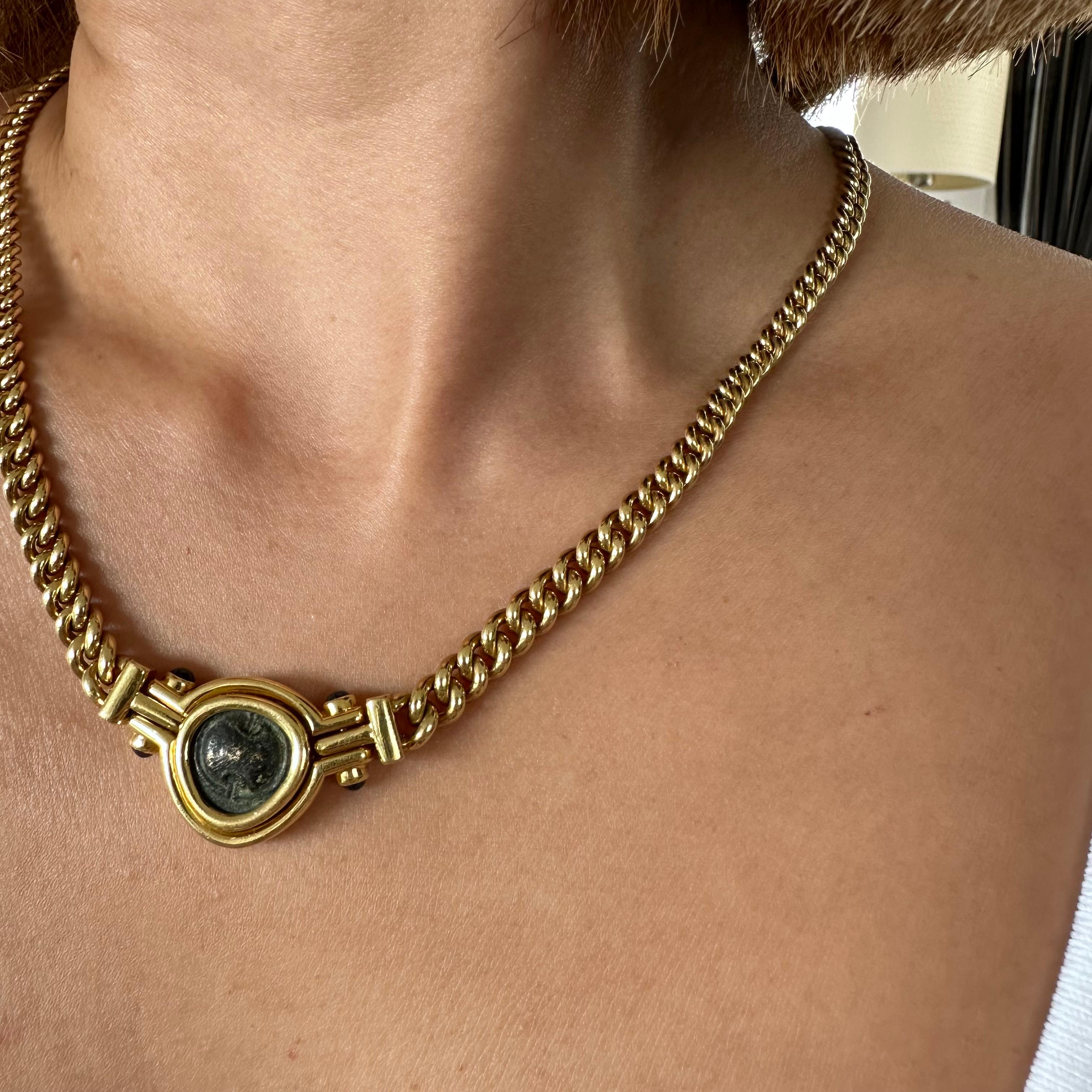 Bvlgari Monete Gold Ancient Coin and Blue Sapphire Necklace For Sale 4
