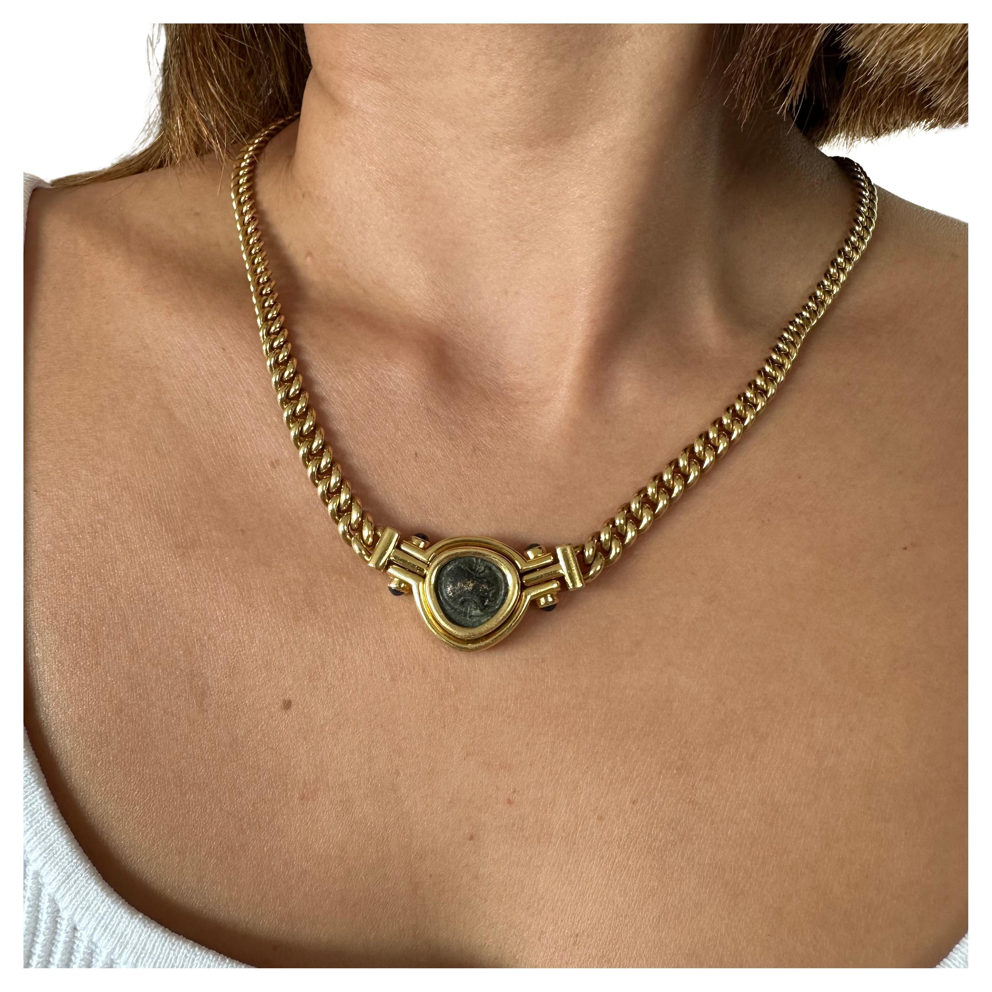 Bvlgari Monete Gold Ancient Coin and Blue Sapphire Necklace For Sale