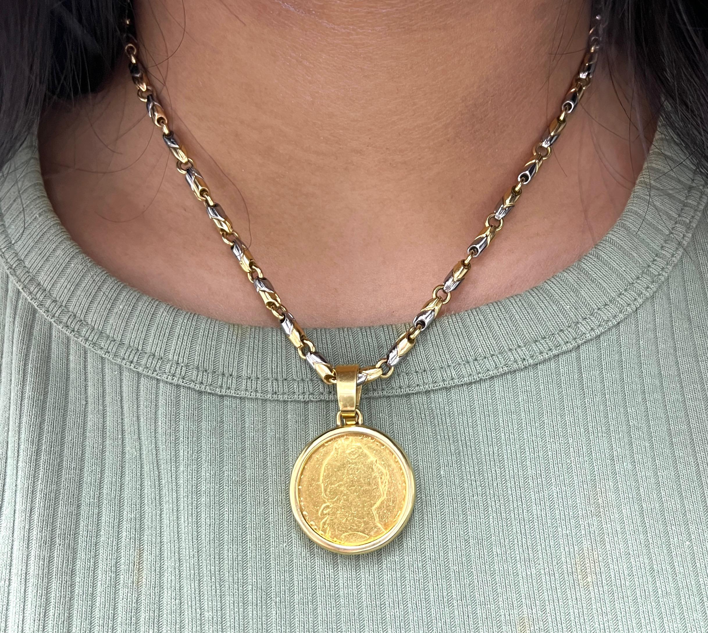 Bvlgari Monete Goldmünze-Anhänger mit Gold- und Stahl-Halskette im Angebot 6