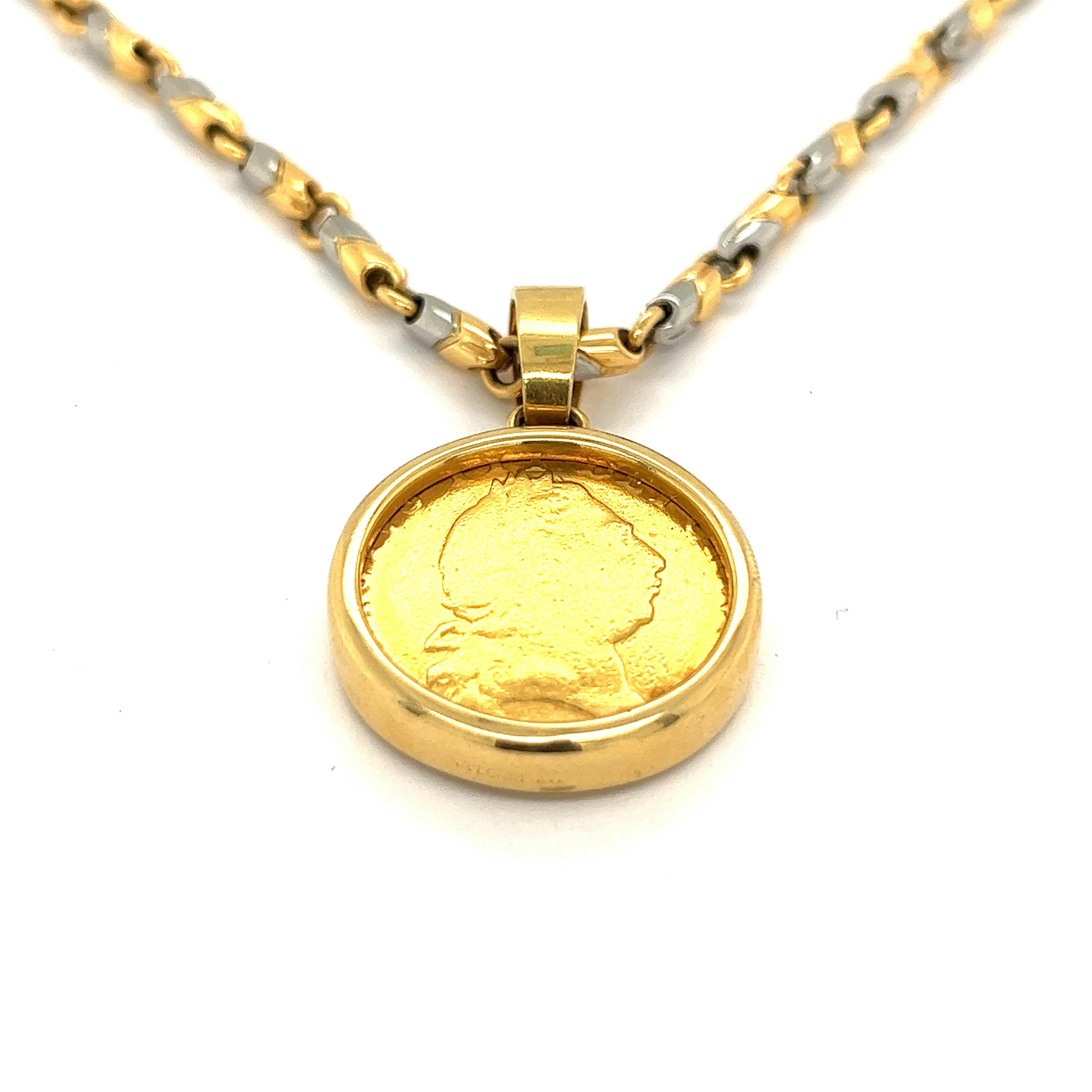 Bvlgari Monete Goldmünze-Anhänger mit Gold- und Stahl-Halskette im Zustand „Gut“ im Angebot in New York, NY