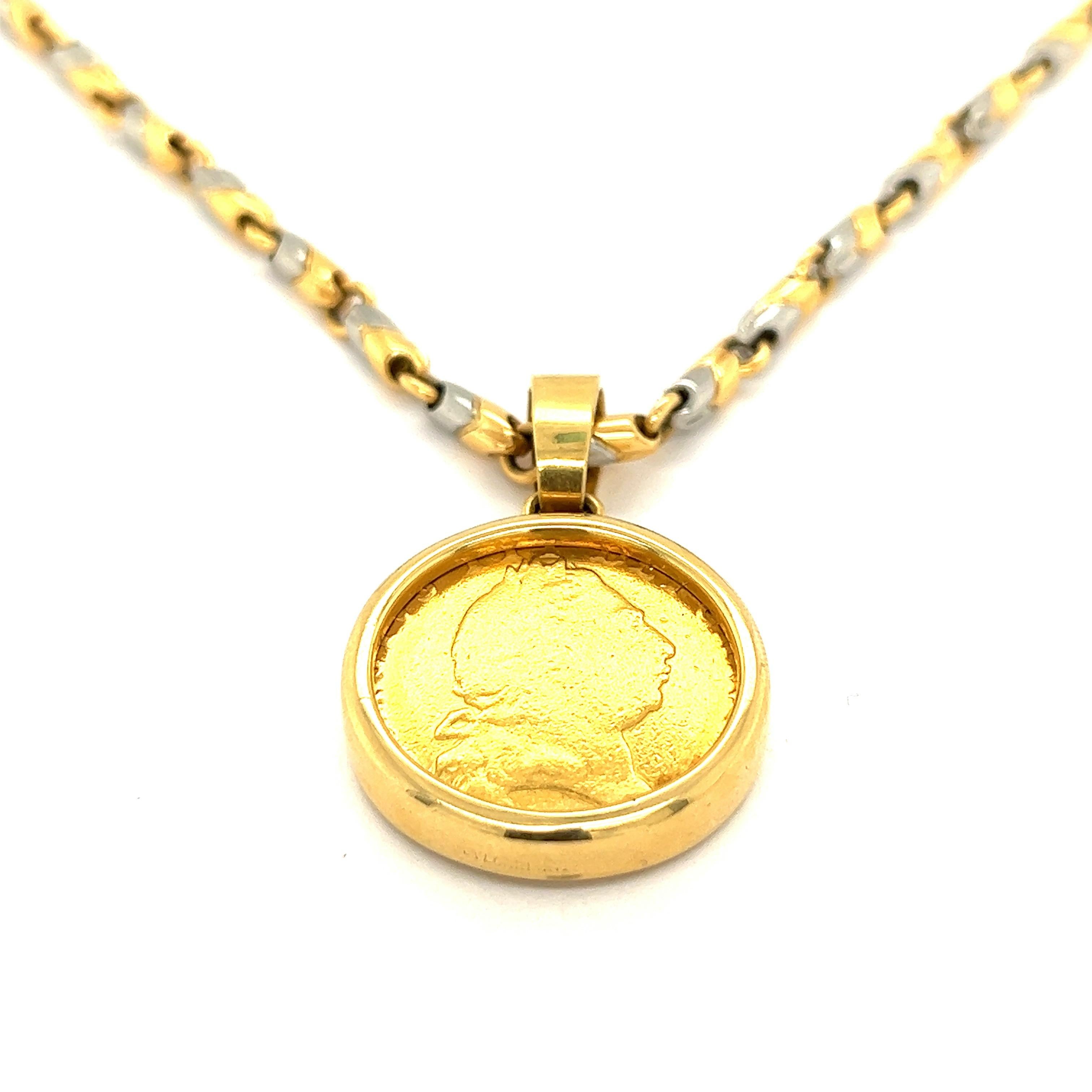 Bvlgari Monete Gold Coin Pendant with Gold & Steel Necklace In Good Condition For Sale In New York, NY