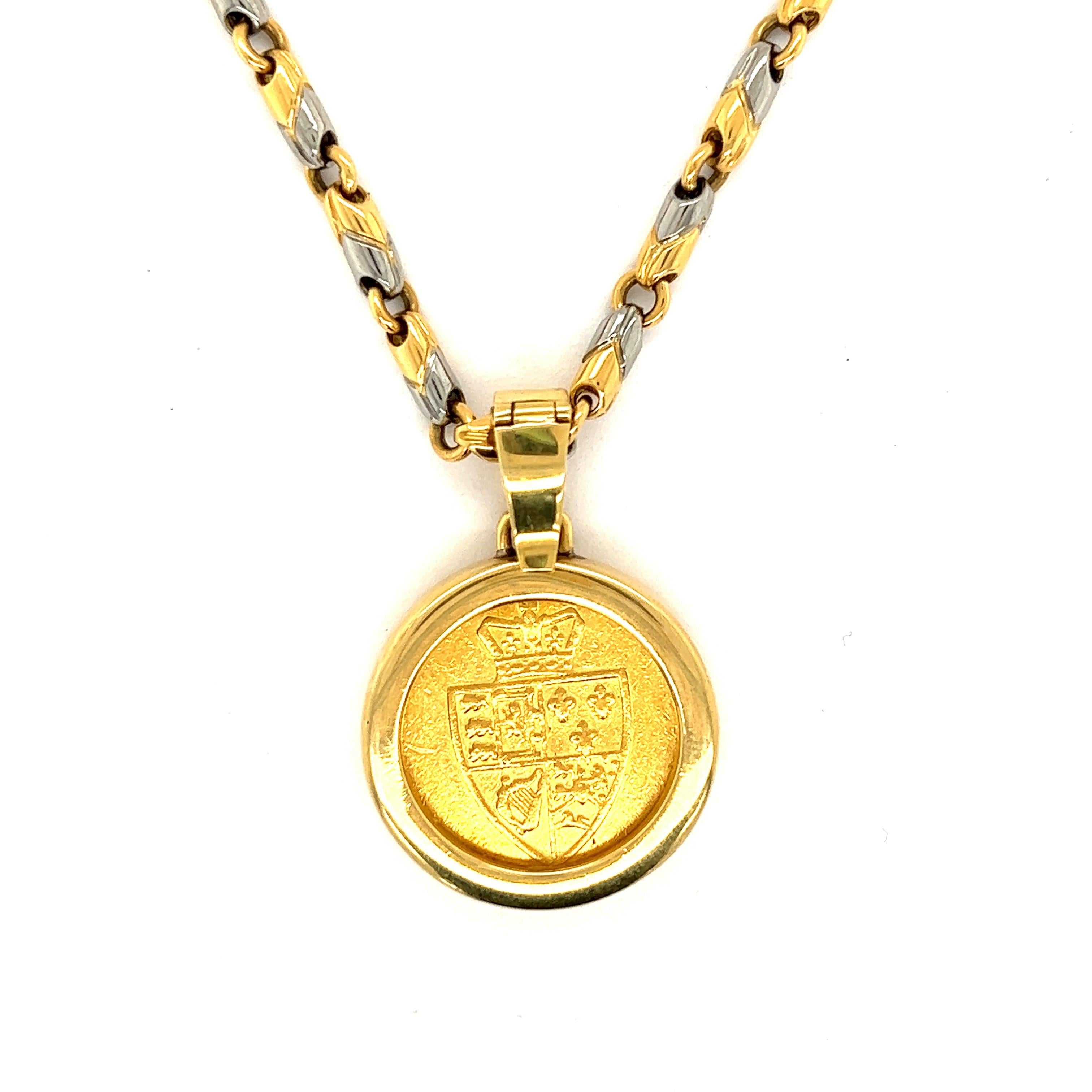 Bvlgari Monete Goldmünze-Anhänger mit Gold- und Stahl-Halskette im Angebot 1