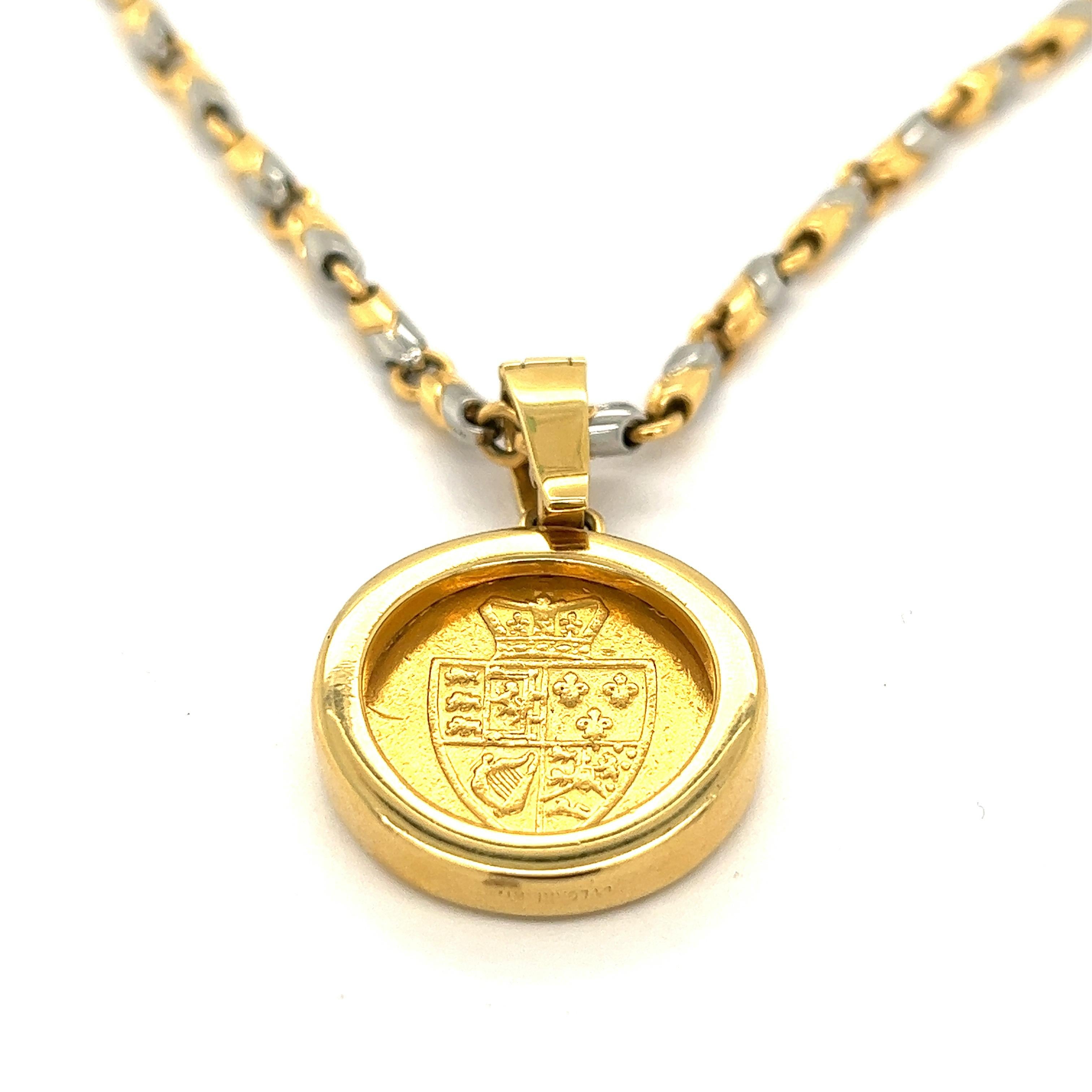 Bvlgari Monete Goldmünze-Anhänger mit Gold- und Stahl-Halskette im Angebot 2