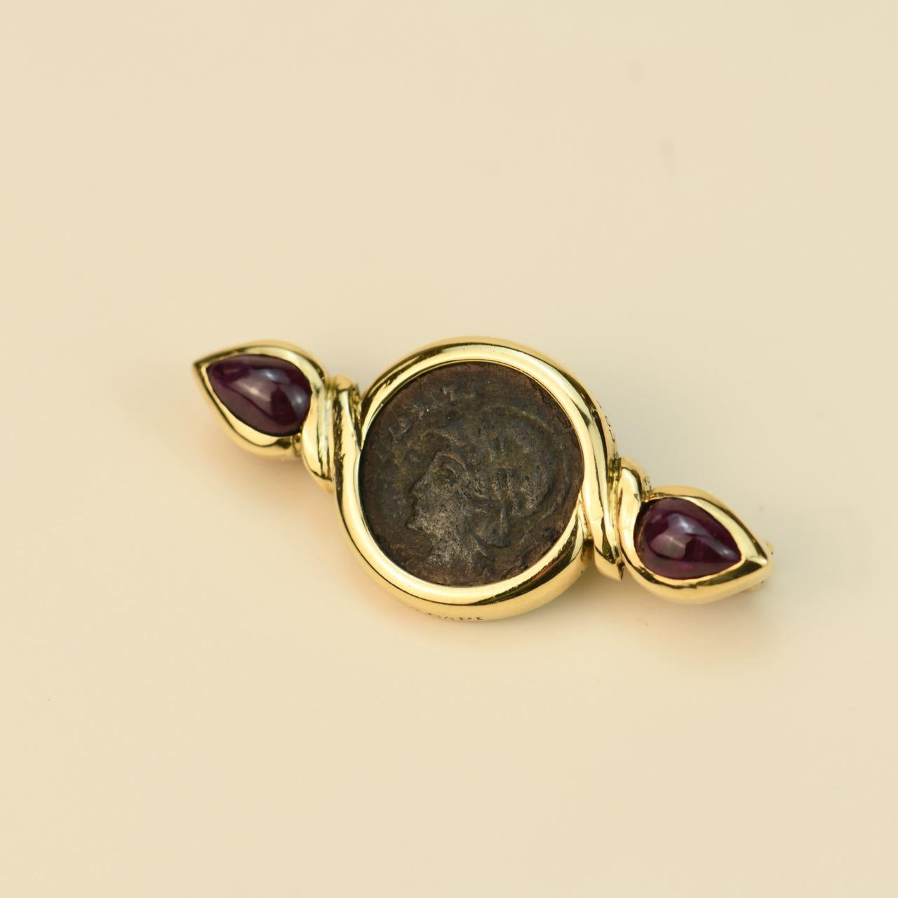 Uncut Bvlgari Monete Ruby 18K Yellow Gold Ancient Coin Brooch For Sale