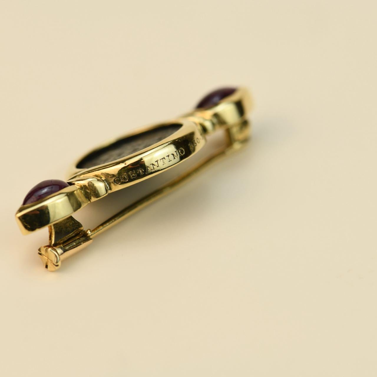 Uncut Bvlgari Monete Ruby 18K Yellow Gold Ancient Coin Brooch