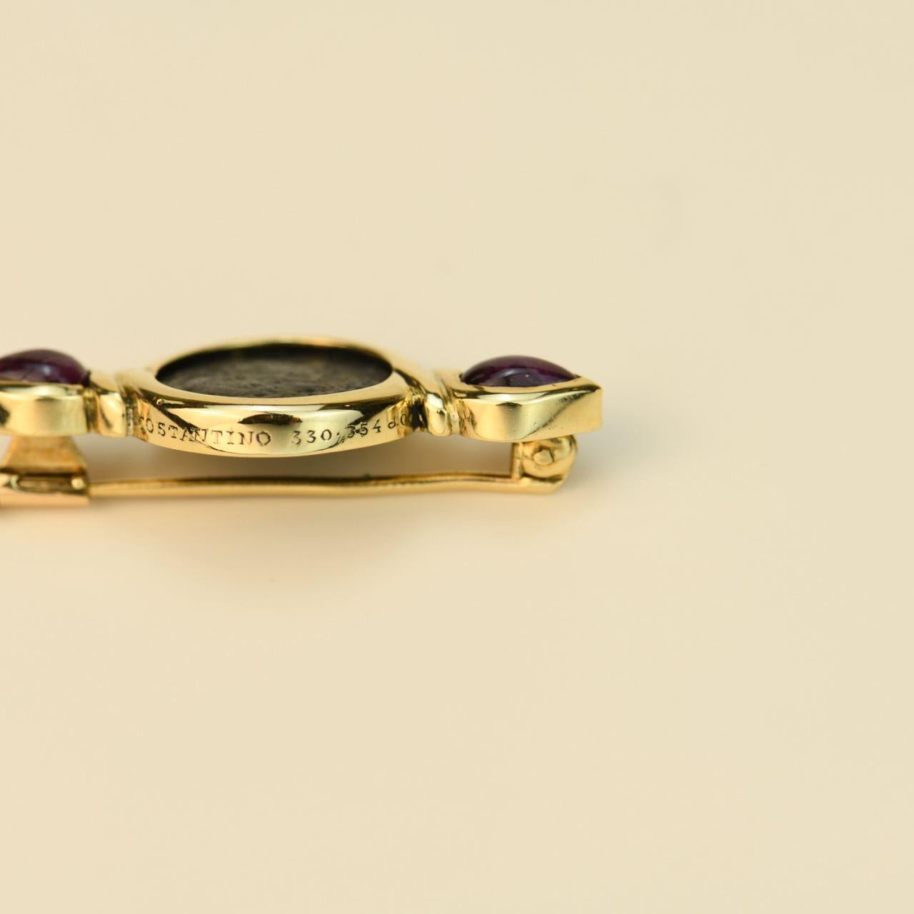 Bvlgari Monete Ruby 18K Yellow Gold Ancient Coin Brooch In Excellent Condition In Banbury, GB