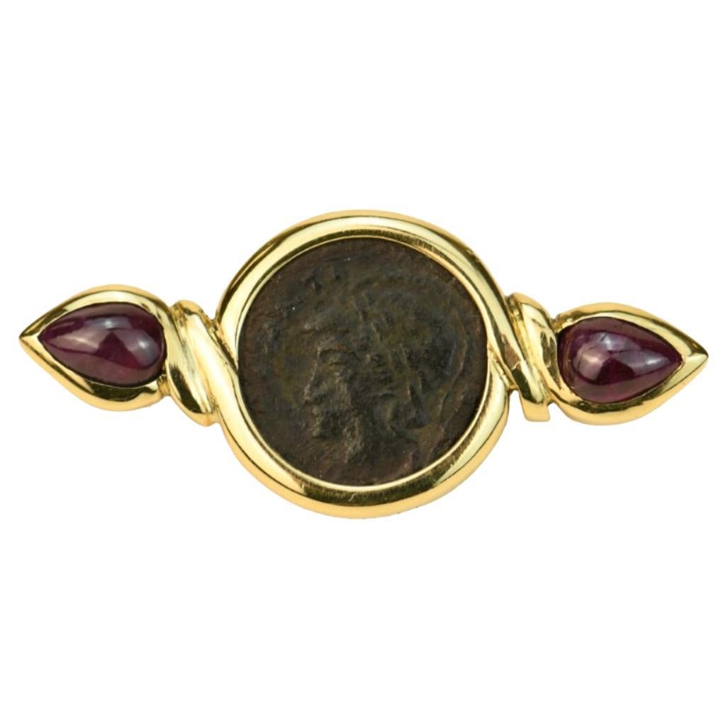 Bvlgari Monete Ruby 18K Yellow Gold Ancient Coin Brooch For Sale