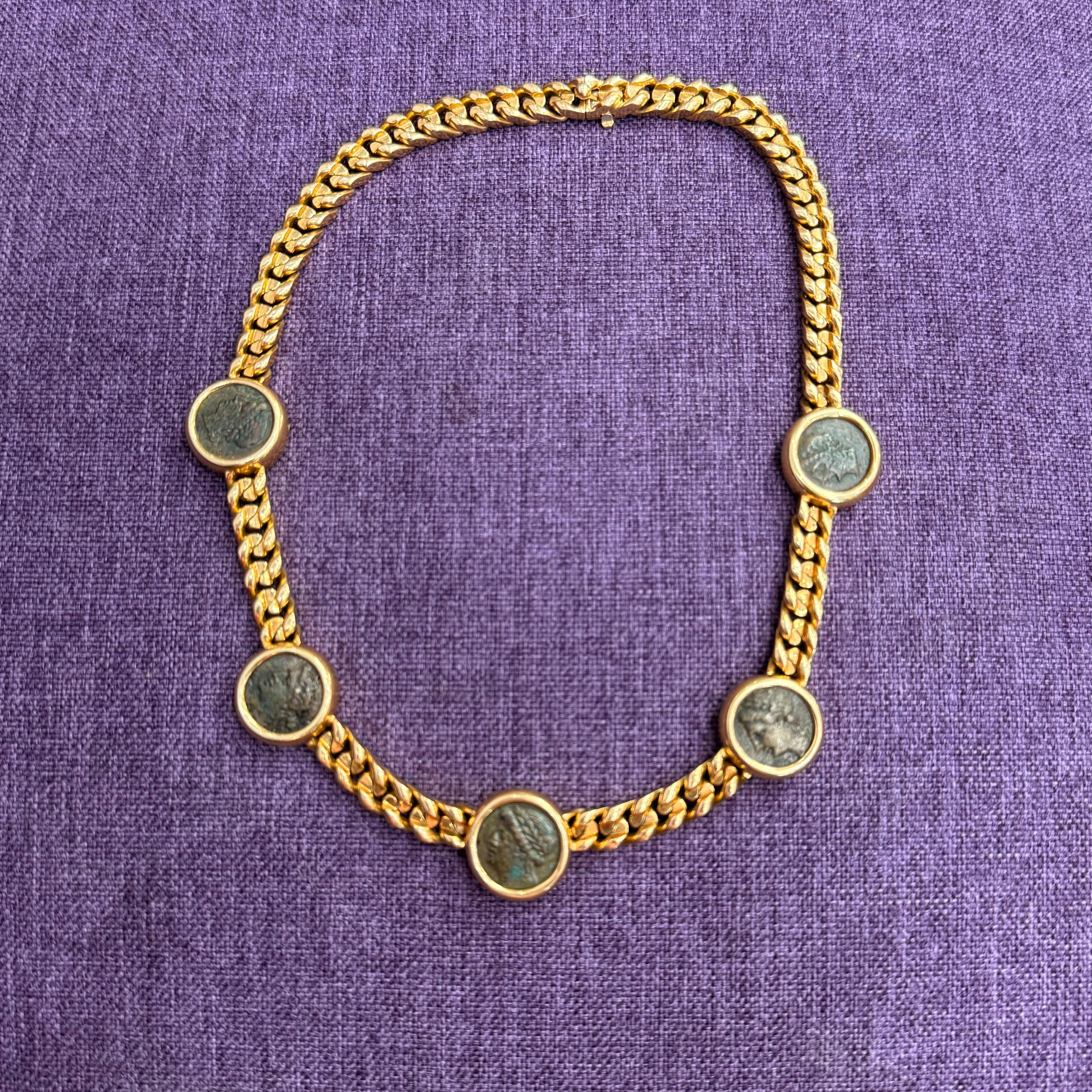 Bvlgari Monete Vintage Curb 18k Gelbgold Antike Münze Halskette im Angebot 1