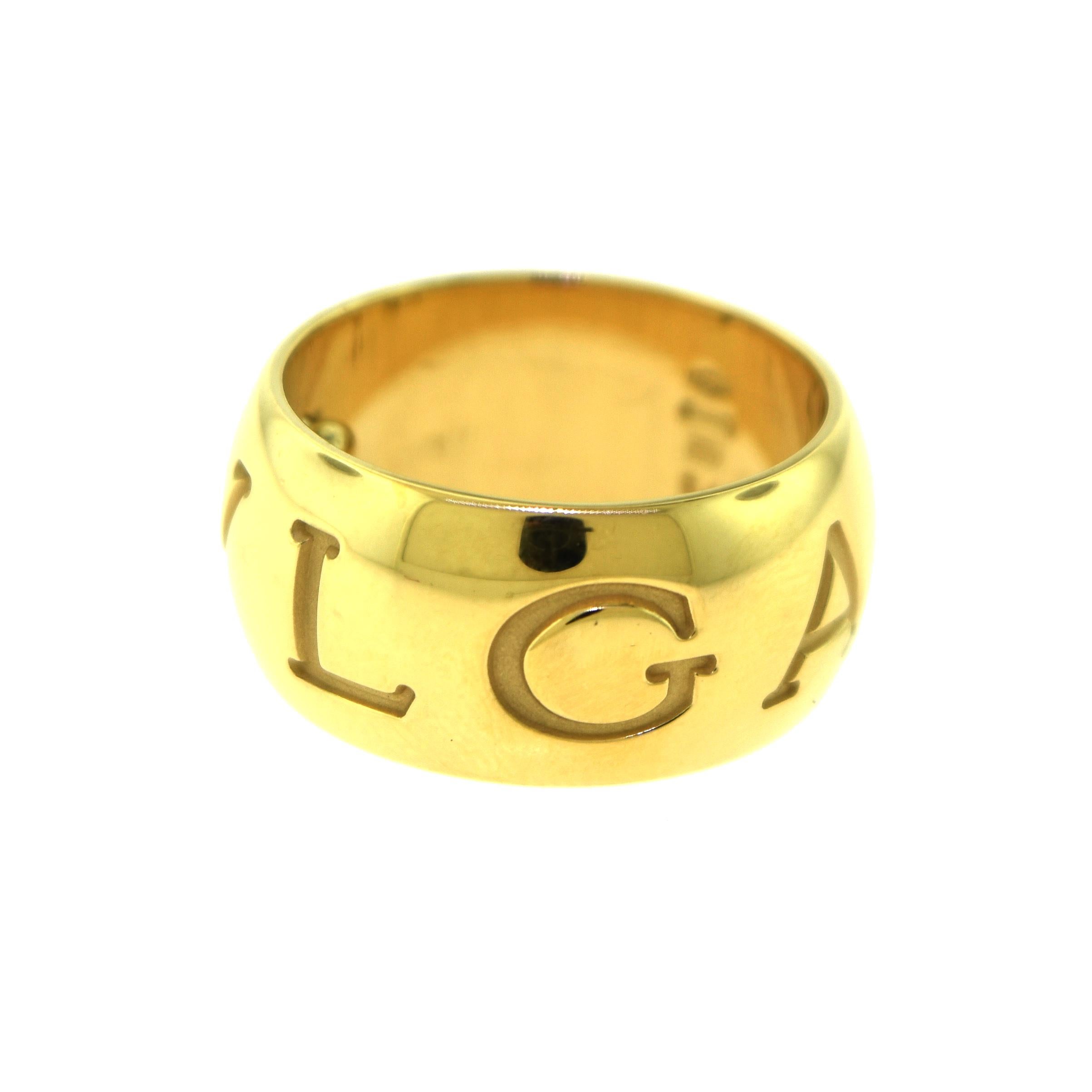 Bvlgari Monologo Wide 18 Karat Yellow Gold Signature Band Ring In Good Condition In Miami, FL