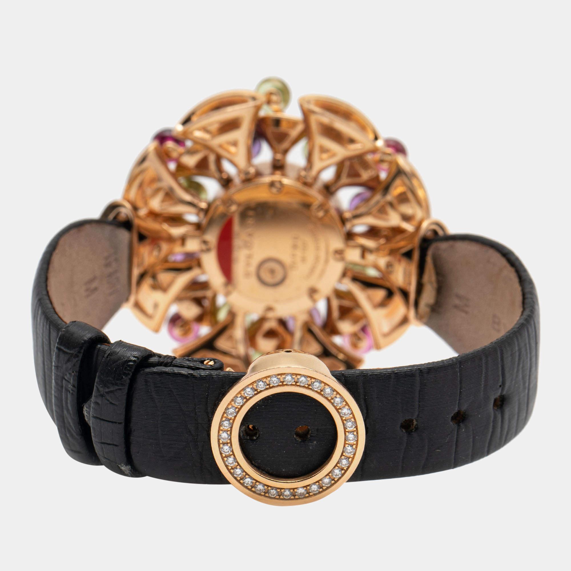 The Diva 102217 watch is an invitation to dream away with Bvlgari. It's a celebration of precious stones, of technical beauty imbued in watches, and the joyous spirit of the brand. The women's watch is set in 18k rose gold, and the magnificent case,