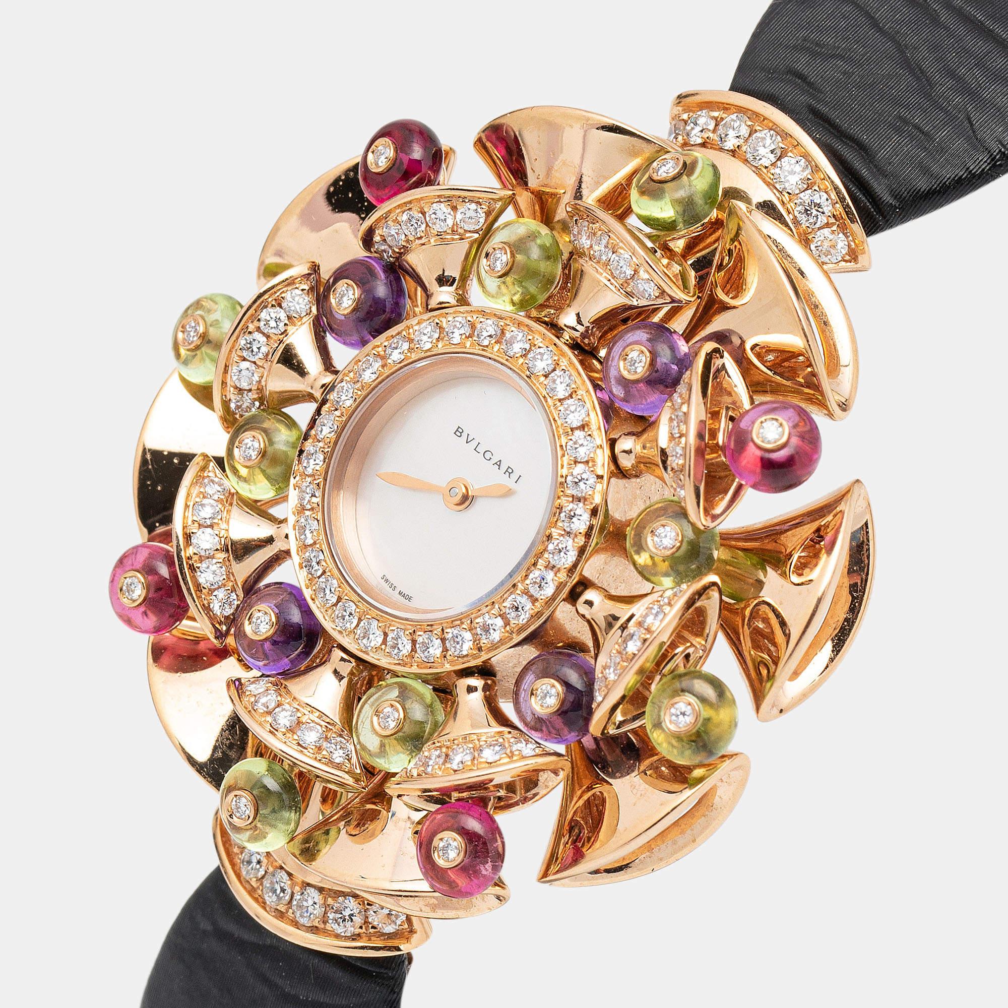 Bvlgari Mother of Pearl 18k Rose Gold Diamond Satin Diva 102217 Wristwatch 39 mm In Good Condition In Dubai, Al Qouz 2