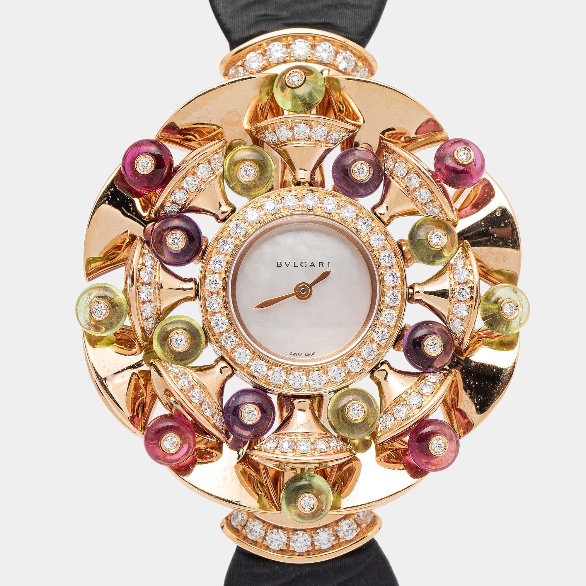 Women's Bvlgari Mother of Pearl 18k Rose Gold Diamond Satin Diva 102217 Wristwatch 39 mm