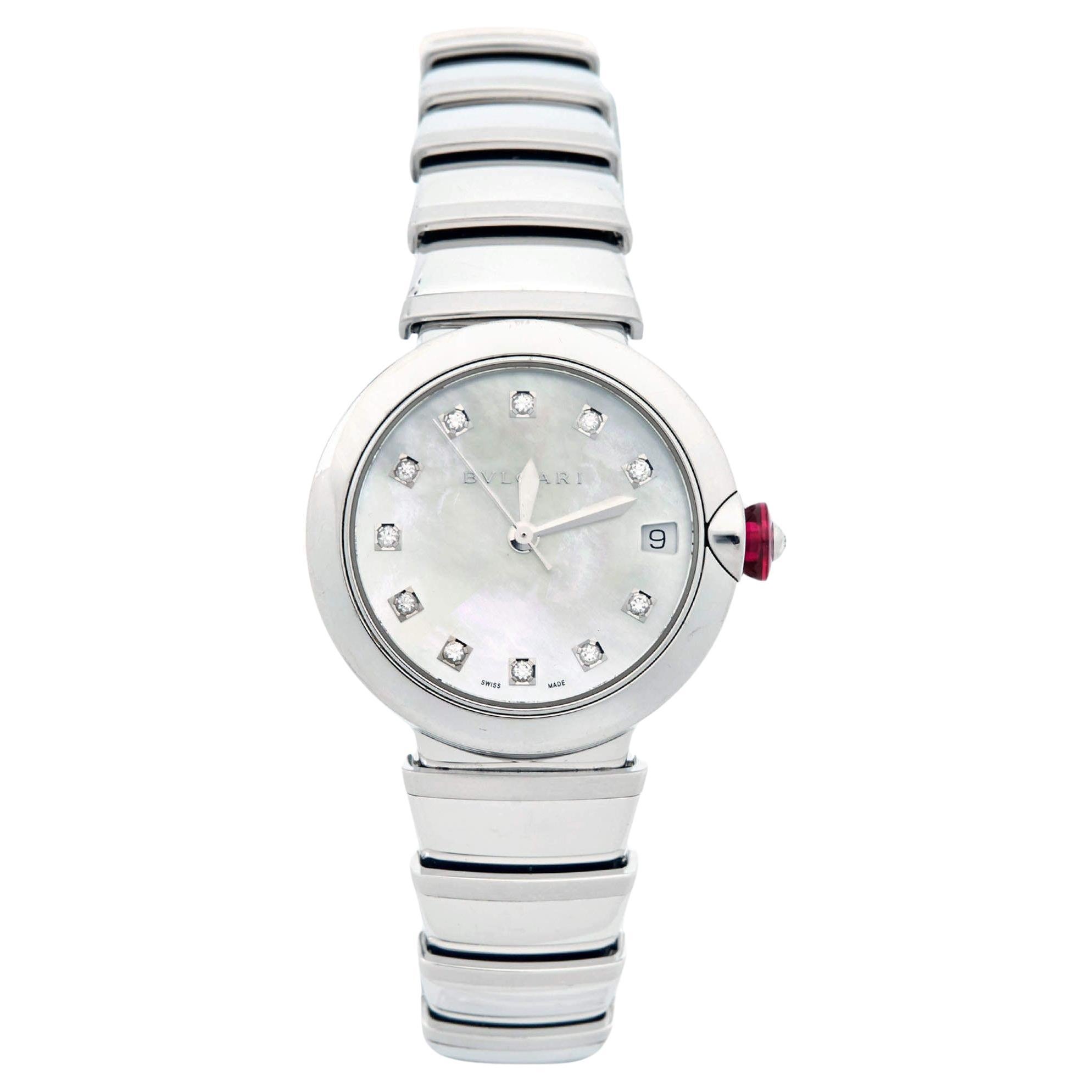 Bvlgari Mother Of Pearl Diamond Stainless Steel Lvcea LU 33 S Women's Wristwatch For Sale