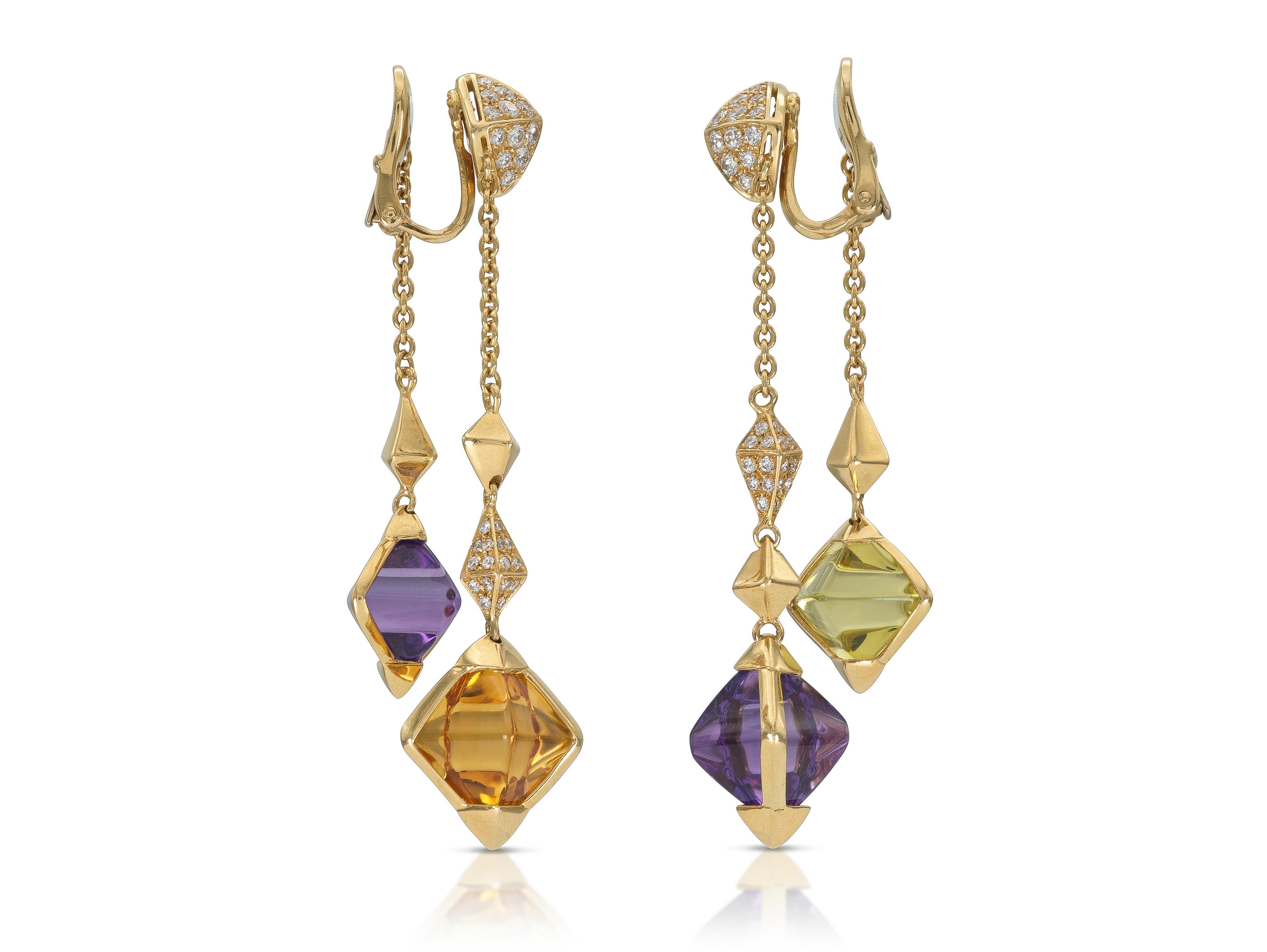 Finely crafted in 18k yellow gold with Amethysts, a Citrine, a Peridot, and Round Brilliant cut Diamonds.
Signed by Bvlgari
2 1/4 inches long