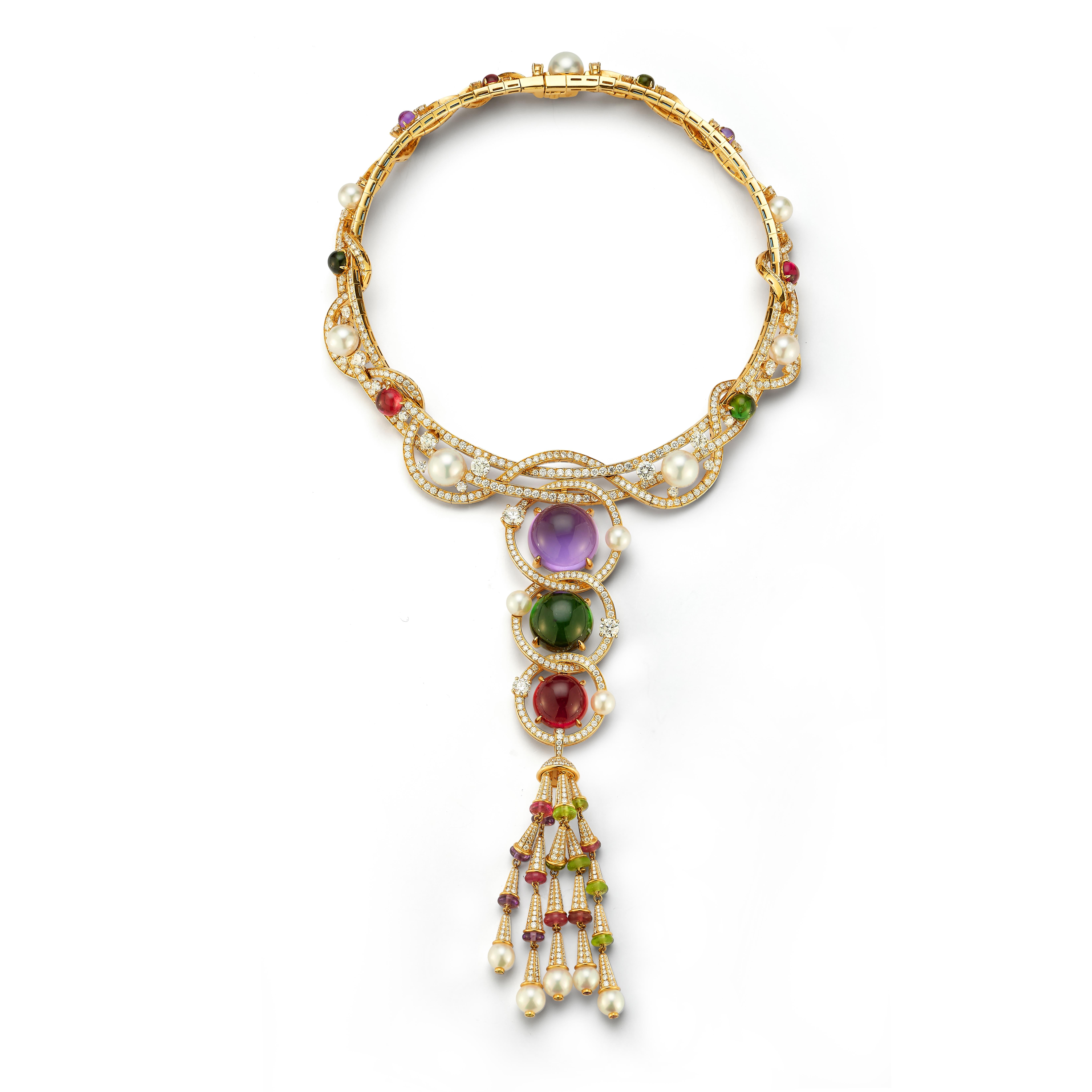 Bulgari Multi Gem & Diamond Tassel Necklace

An 18 karat yellow gold necklace set throughout with round cut diamonds the largest weighing 1.07 carats, further set with Akoya and South Sea cultured pearls, amethysts, peridots, rubellites, and green