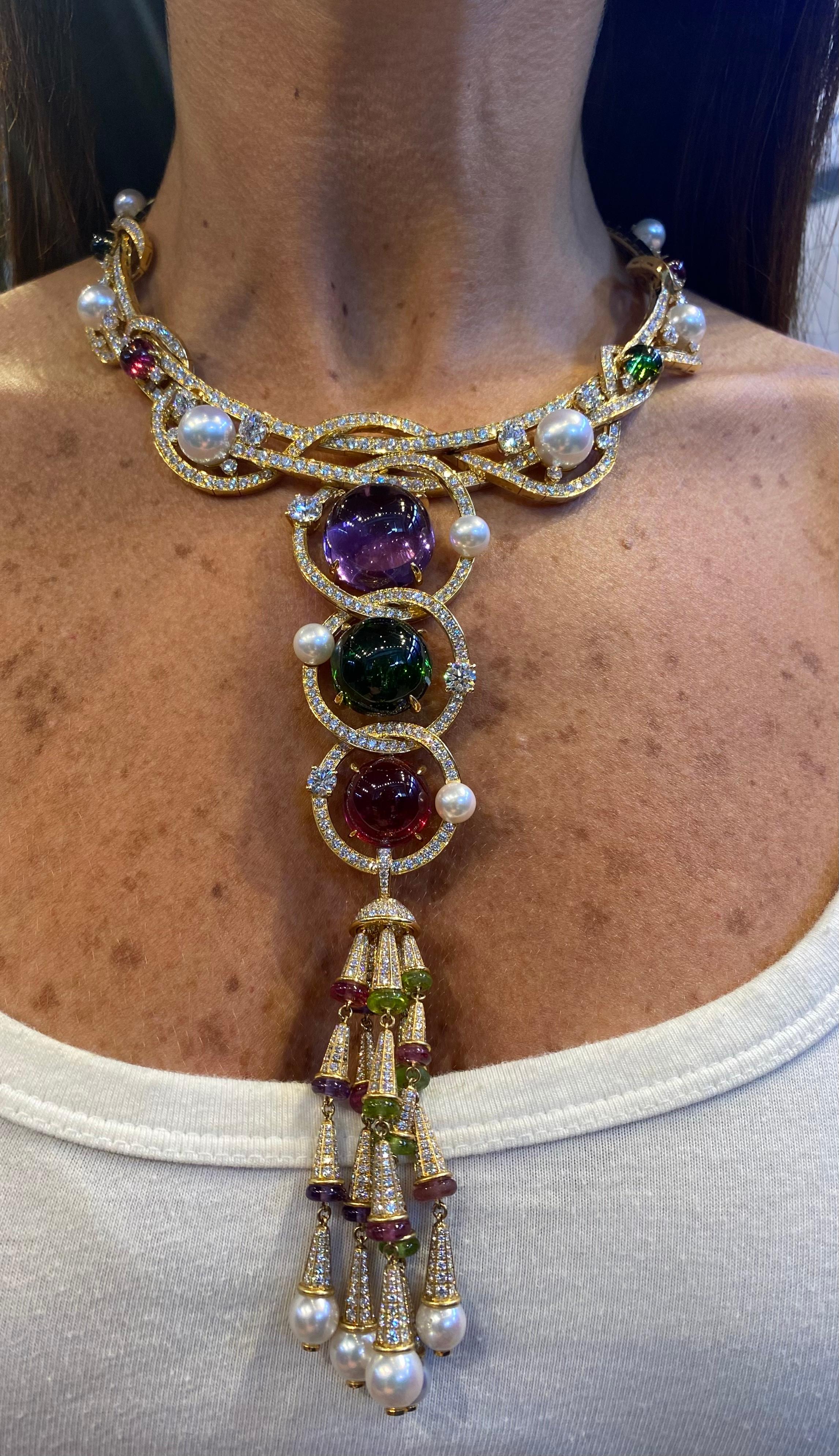 Cabochon Bvlgari Multi Gem & Diamond Tassel Necklace