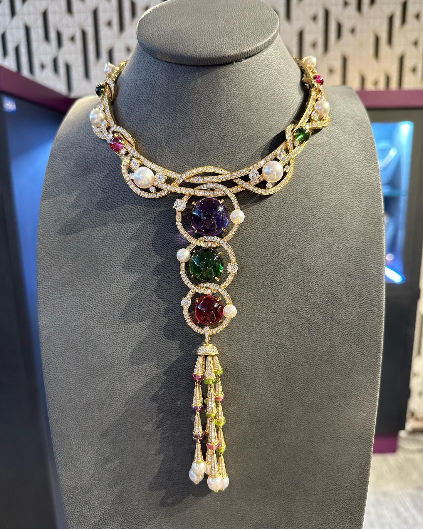 Bvlgari Multi Gem & Diamond Tassel Necklace In Excellent Condition In New York, NY