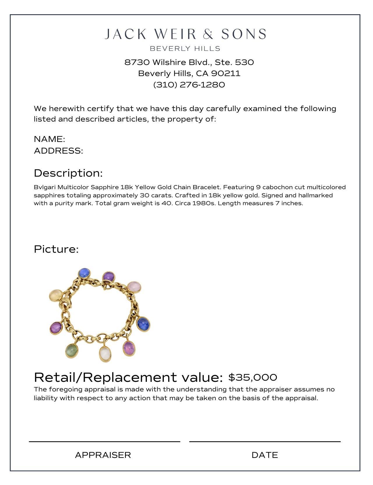 Modern Bvlgari multicolor sapphire 18k yellow gold chain bracelet