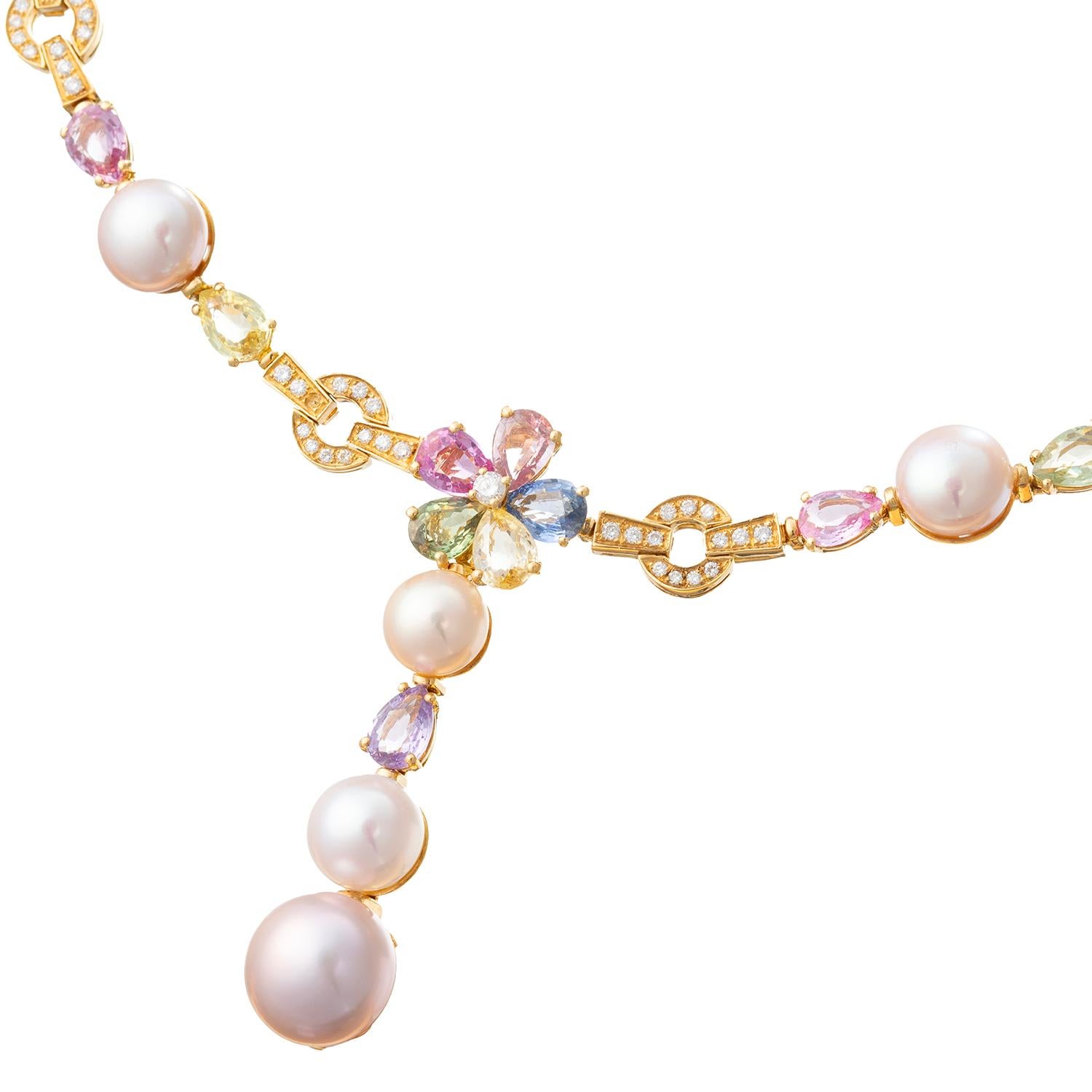Brilliant Cut Bvlgari Multicolored Sapphire Pearl Diamond Drop Necklace