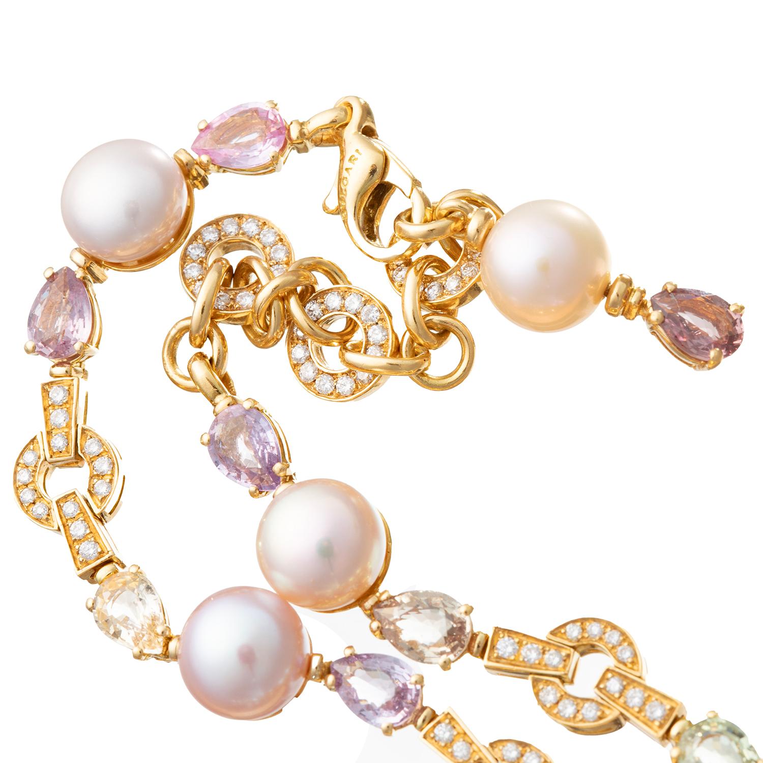 Bvlgari Multicolored Sapphire Pearl Diamond Drop Necklace In Excellent Condition In Palm Beach, FL