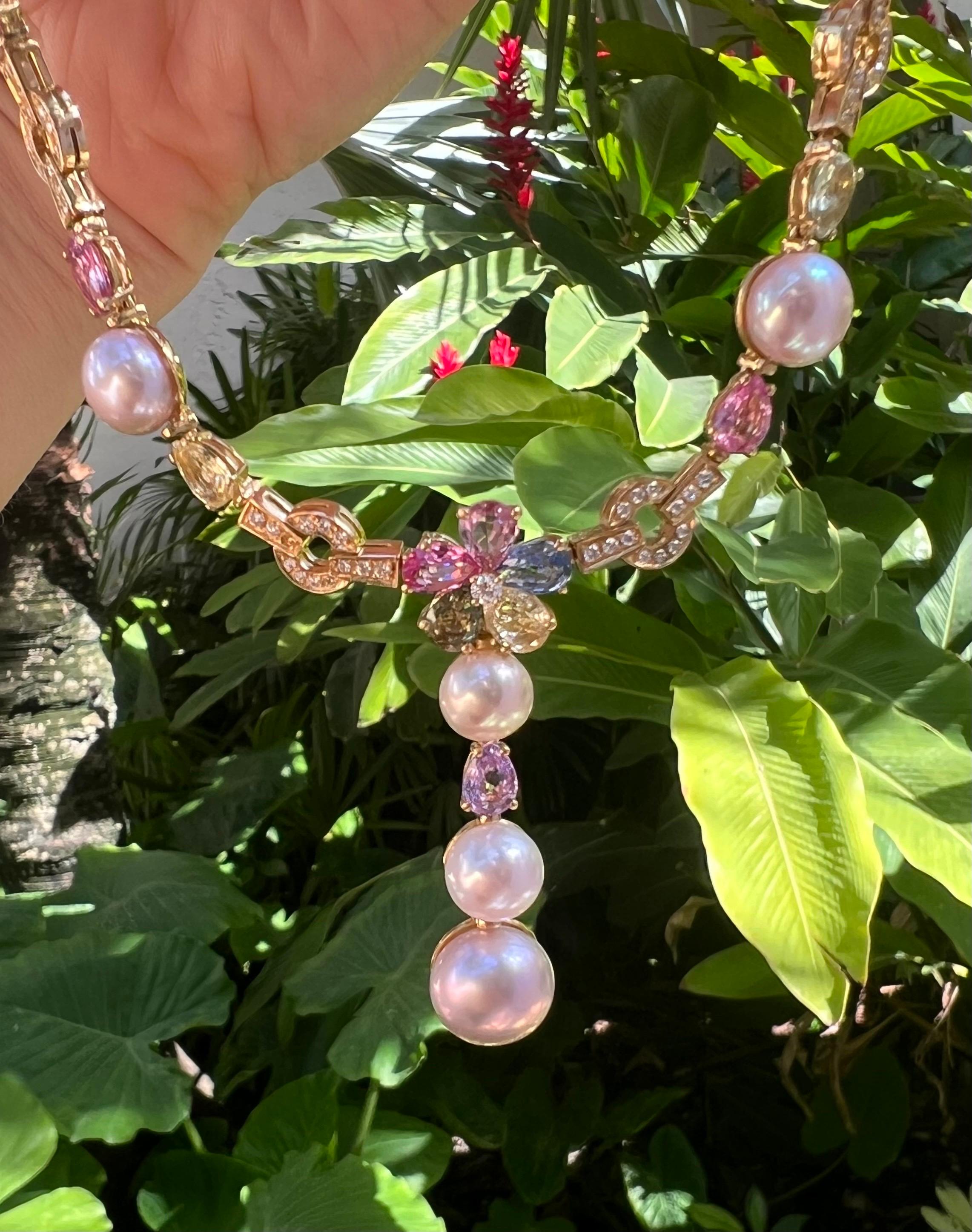 Women's or Men's Bvlgari Multicolored Sapphire Pearl Diamond Drop Necklace