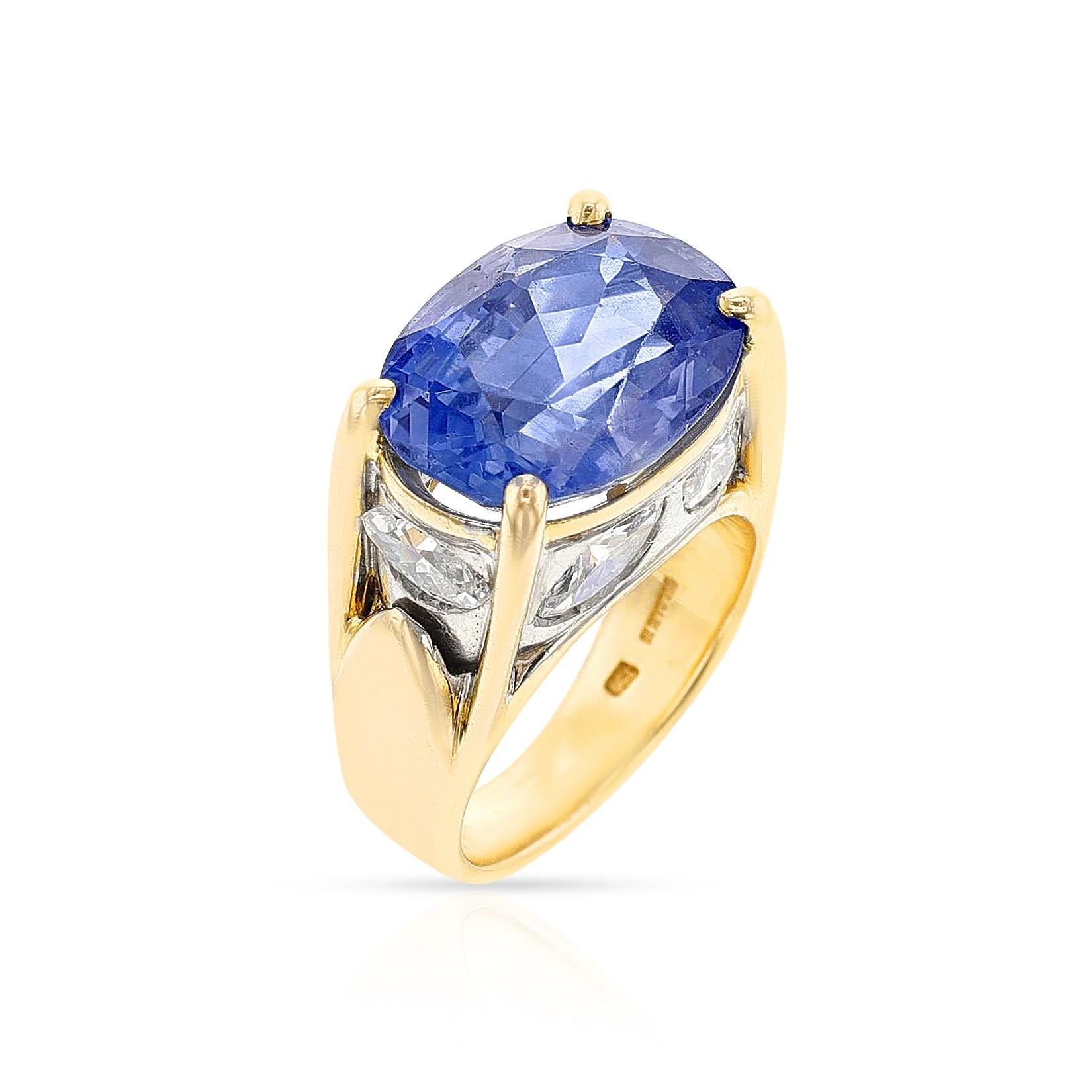 A BVLGARI Natural Unheated Ceylon Sapphire and Diamond Ring, 18k & Platinum. The sapphire weighs anywhere from 10.50 carats to 11.50 carats. The diamonds weigh appx. 1.92 carats, D-E color, VS-SI clarity. The total weight is 14.71 grams and the ring