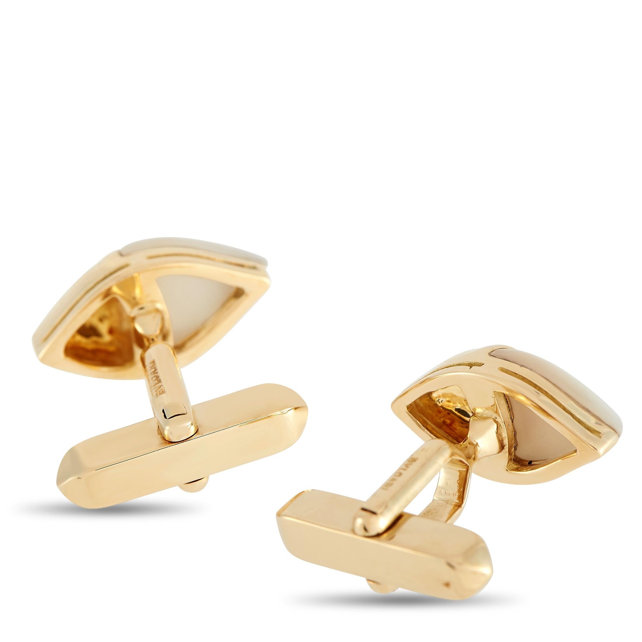 These classic, understated Bvlgari Naturalia cufflinks draw inspiration from the natural world. Each one of these elegant cufflinks measures 0.75” long and 0.38” wide. A dynamic pairing of 18K Yellow Gold and Mother of Pearl give them a sleek