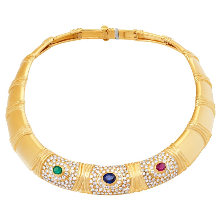 Bvlgari Necklace in 18k Gold with Diamonds, Ruby, Emerald and Sapphire For Sale