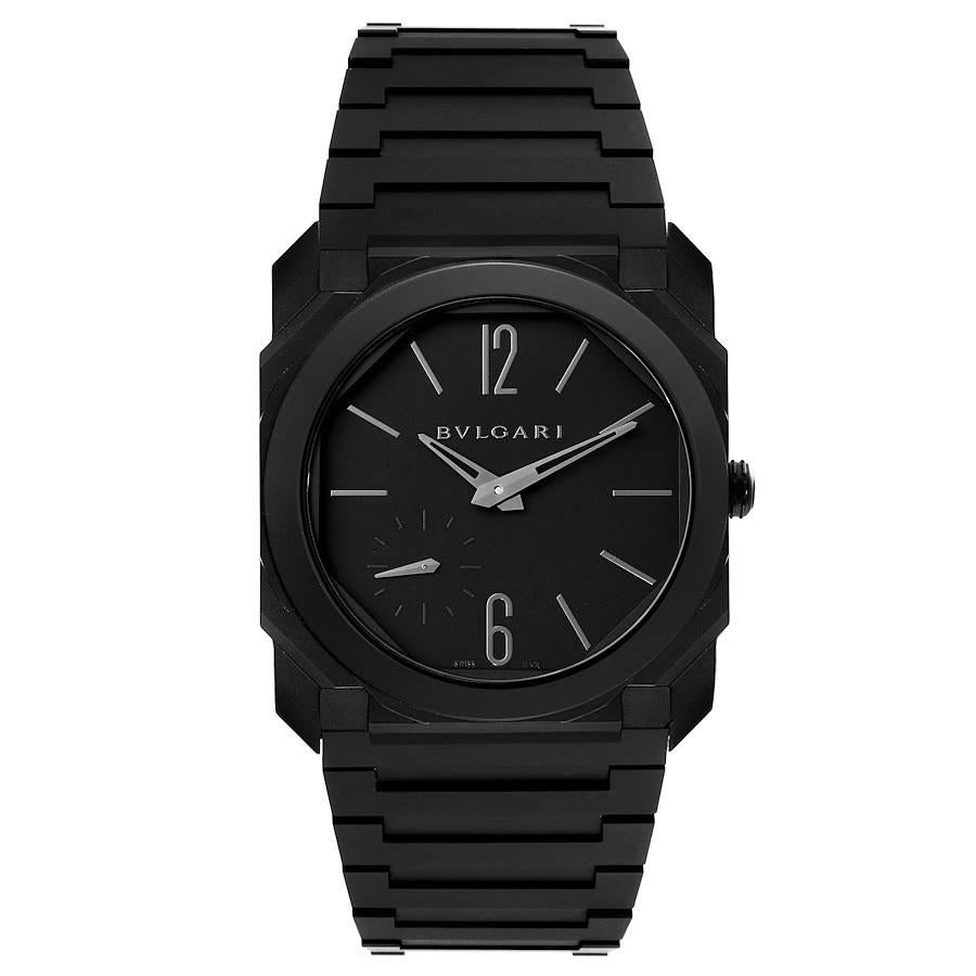 Bvlgari Octo Finissimo Black Ceramic Extra Thin Mens Watch 103077. Extra-thin mechanical manufacture movement, automatic winding with platinum micro rotor, small seconds, BVL 138 - Finissimo caliber (2.23 mm thick) decorated by hand with c?tes de