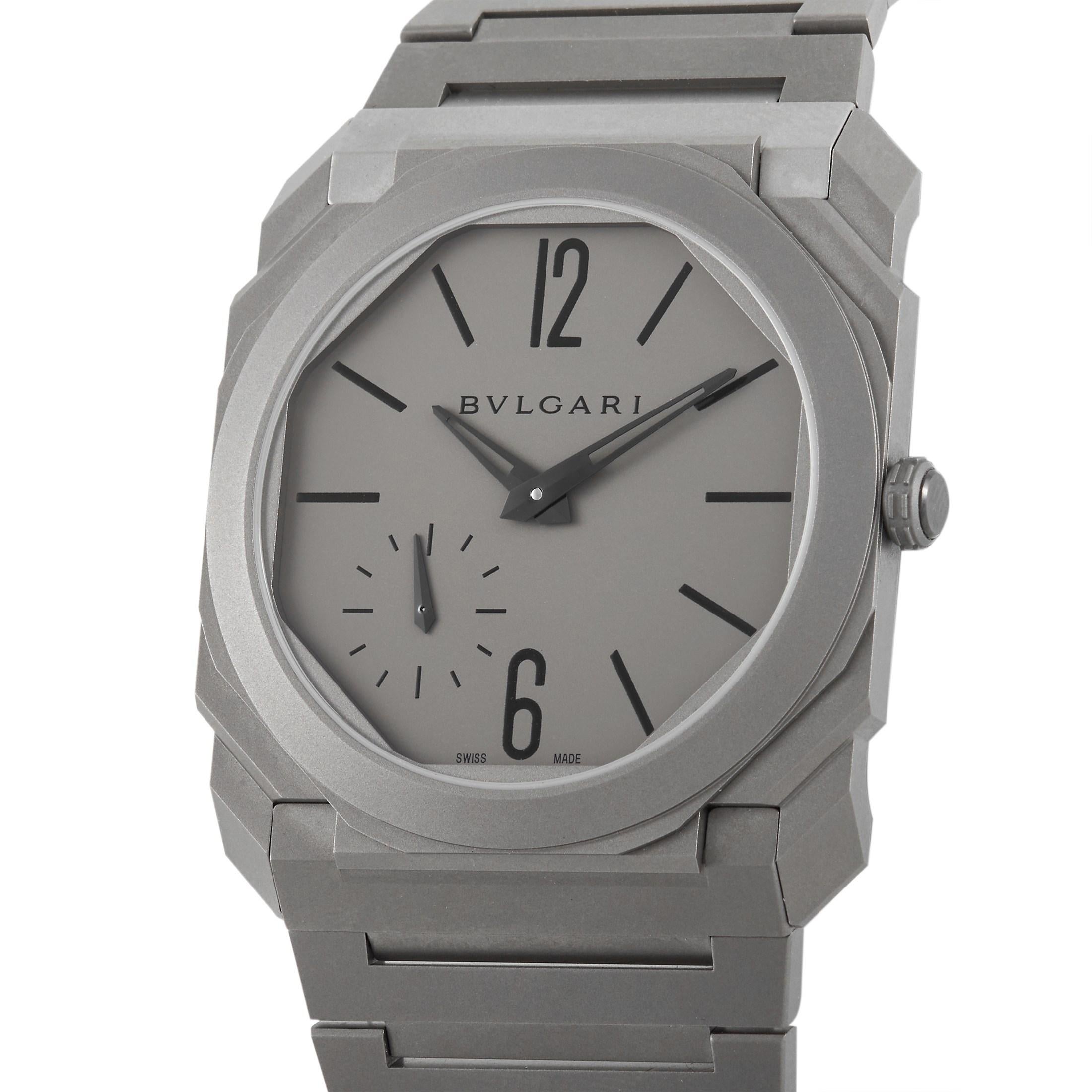 This Bvlgari Octo Finissimo Extra Thin Grey Men's Watch 102713 was released in 2017 and features a thin automatic movement at only 2.23mm. Its case and bracelet are fashioned from sandblasted titanium and partnered with a titanium crown with black