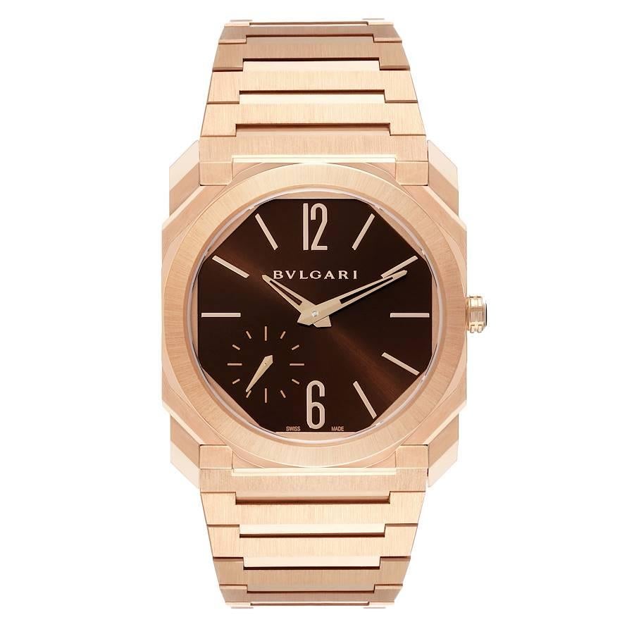 Bvlgari Octo Finissimo Rose Gold Ultra Thin Mens Watch 102912 Box Papers. Automatic self-winding movement. The movement is only 2.23mm thick. 18k rose gold square case 40.0 mm x 40mm. Exhibition sapphire crystal case back. Cathe thickness 5.15 mm.