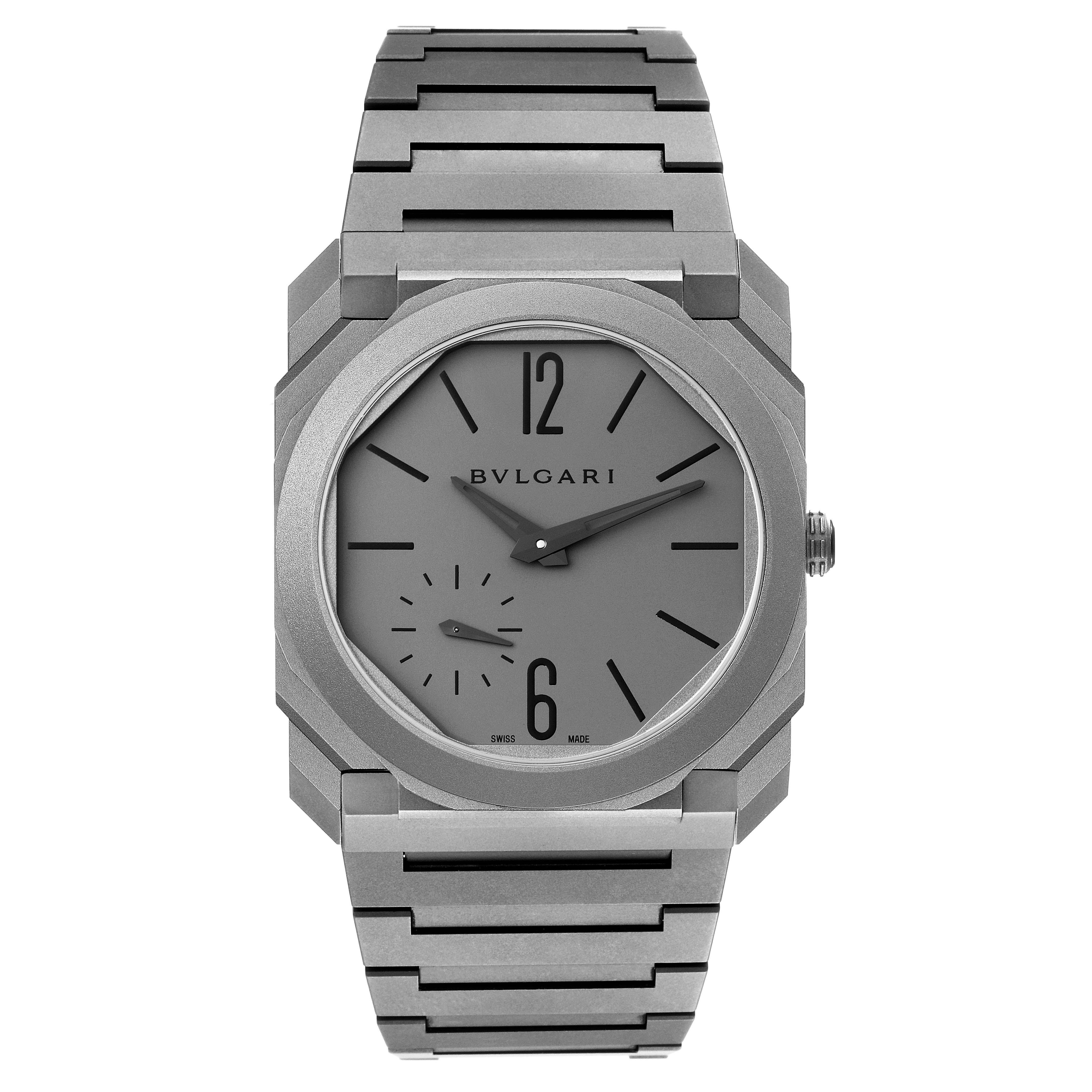 Bvlgari Octo Finissimo Titanium Ultra Thin Mens Watch 102713 Box Papers. Automatic self-winding movement. The movement is only 2.35mm thick. Titanium square case 40.0 mm x 40mm. Exhibition sapphire crystal case back. Cathe thickness 5.15 mm.