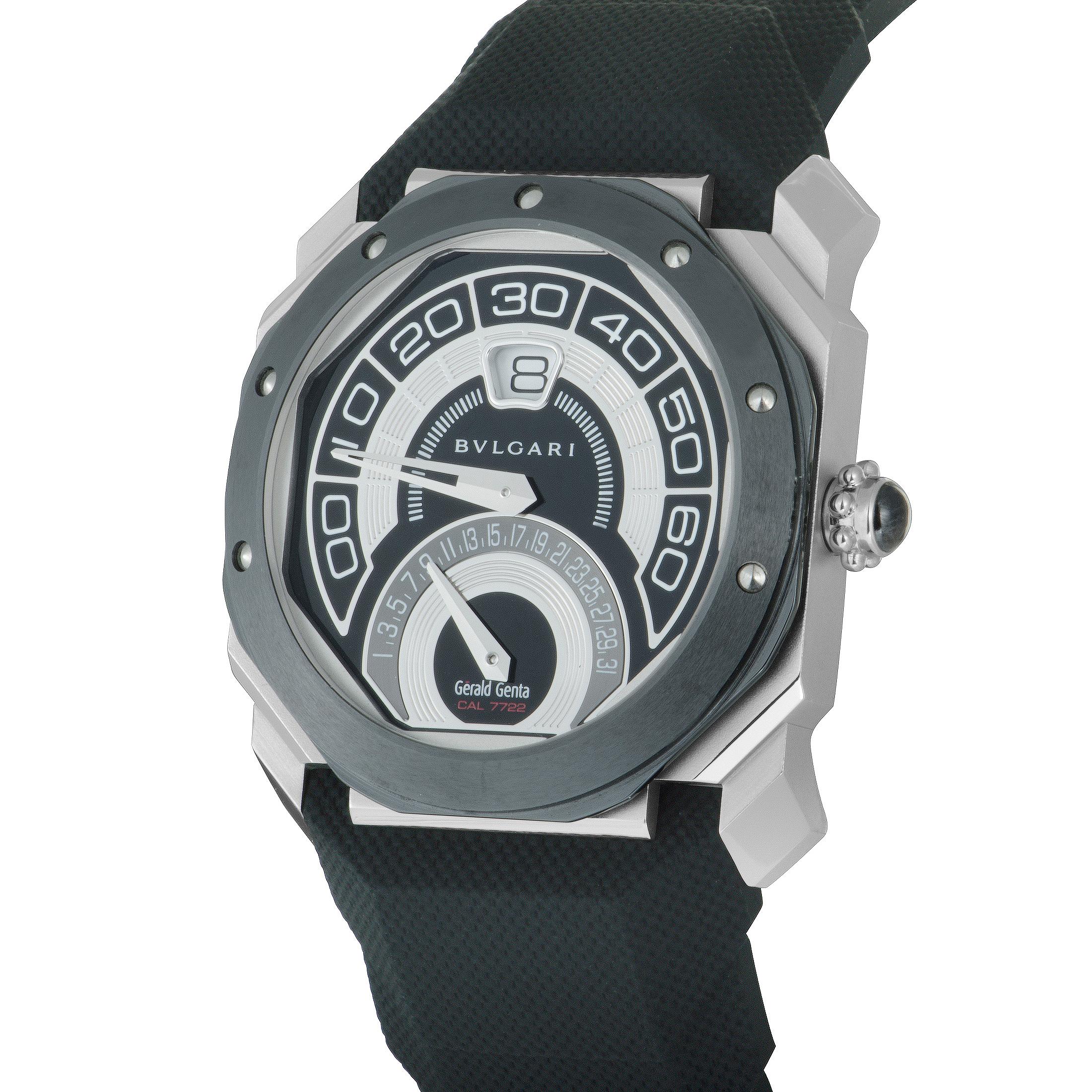 This is the Bvlgari Octo Retrogradi, reference number 101831.

It boasts a 43 mm case that is made of stainless steel and fitted with a black ceramic bezel. The case has see-through back and is mounted onto a black rubber strap, offering water