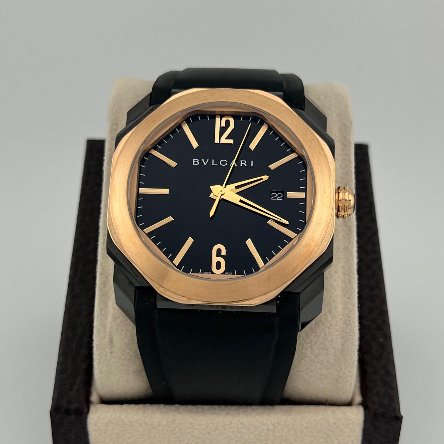 Numero di stile: BGOP41SG

 

Model No: BVLGARI Octo Ultra Nero

 

Materiale della cassa: Acciaio inossidabile nero rivestito in DLC

 

Fascia: gomma nera

  

Lunetta: oro rosa 18 carati

  

Quadrante: nero con indici in oro rosa

 

Cristallo: