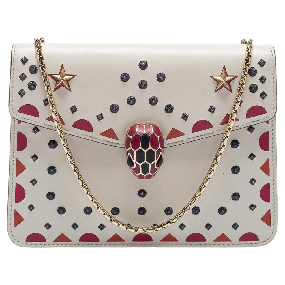 Bvlgari Off White Printed and Embroidered Small Serpenti Forever Shoulder Bag For Sale