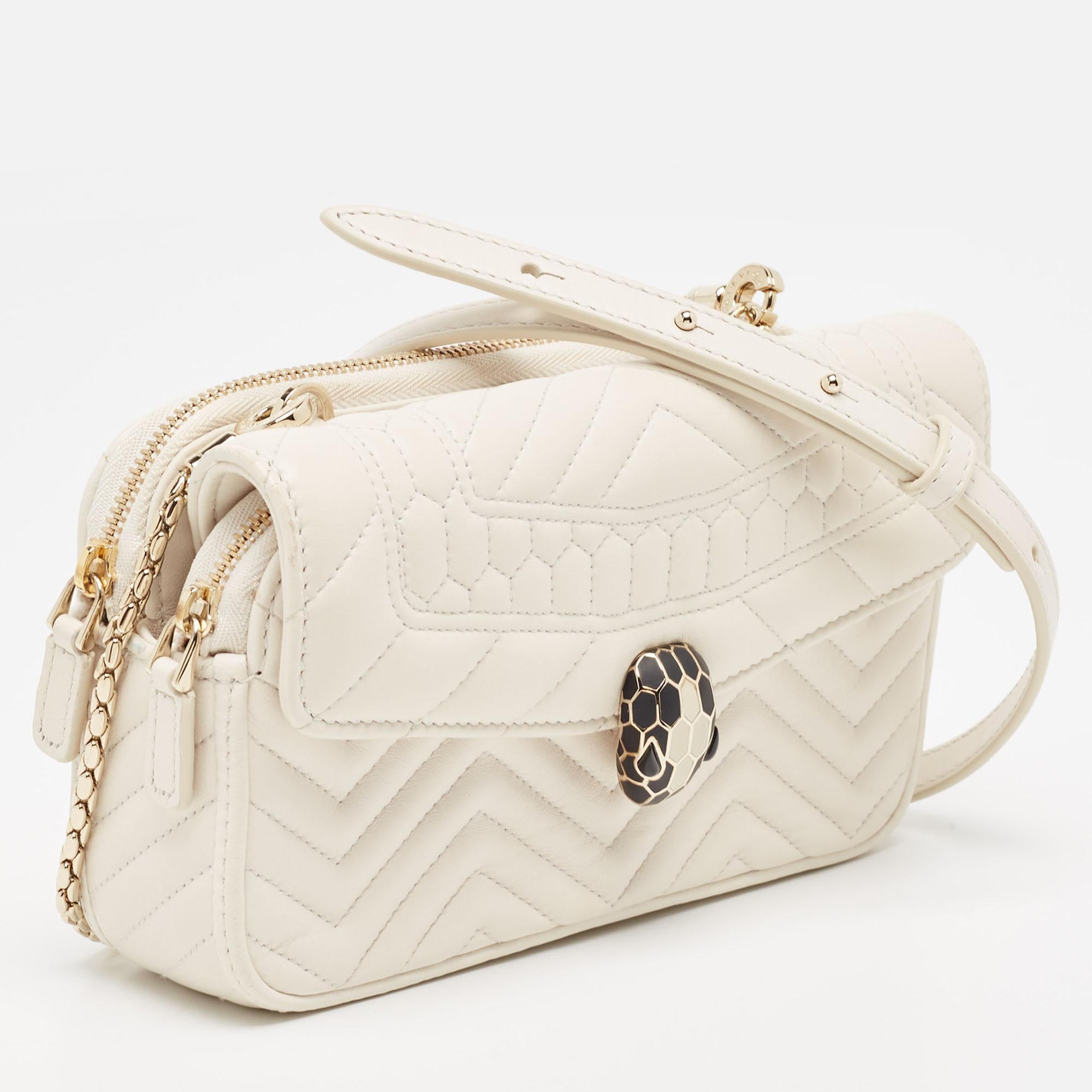 Bvlgari Off White Quilted Leather Serpenti Forever Convertible Belt Bag In Excellent Condition For Sale In Dubai, Al Qouz 2