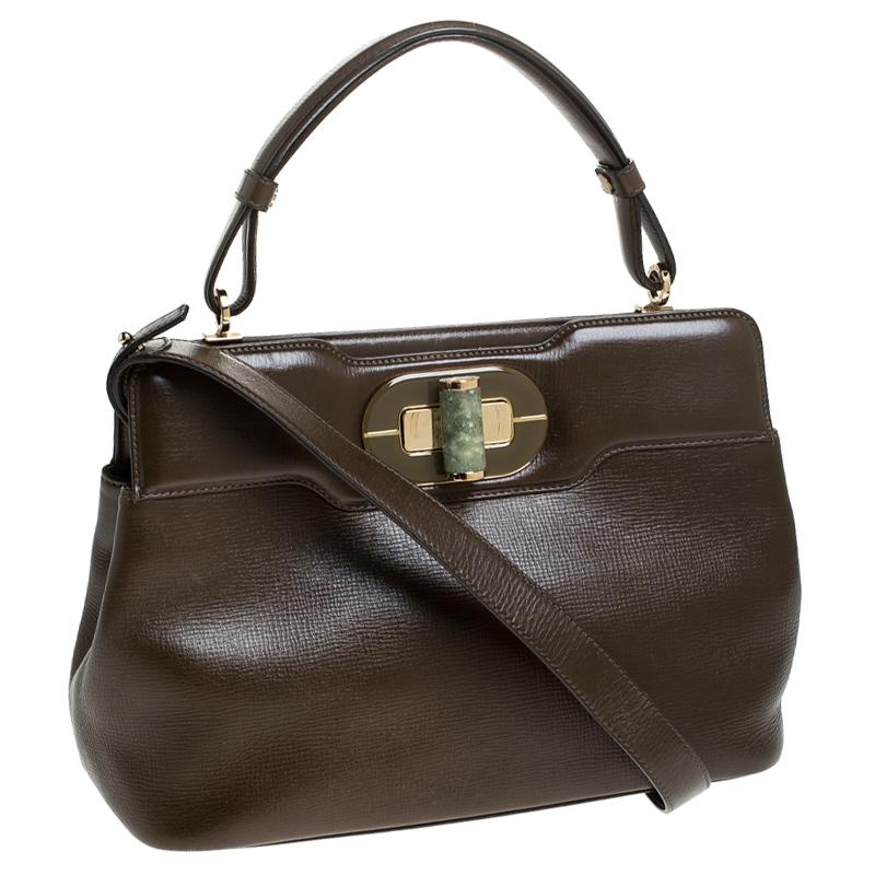 Bvlgari Olive Green Leather Isabella Rossellini Top Handle Bag In Good Condition In Dubai, Al Qouz 2