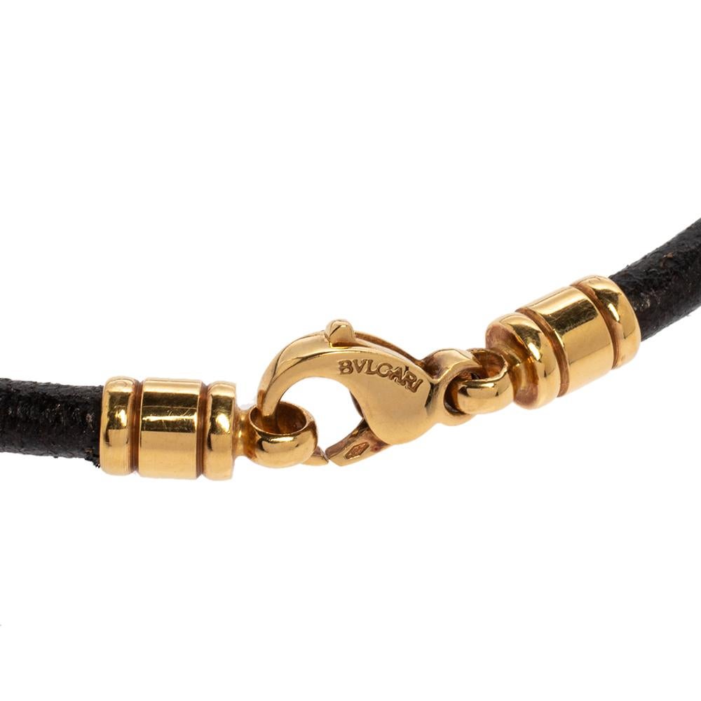 Bvlgari Onyx 18K Yellow Gold Stainless Steel Leather Cord Pendant Necklace In Good Condition In Dubai, Al Qouz 2