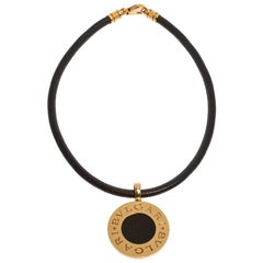Bvlgari Onyx 18K Yellow Gold Stainless Steel Leather Cord Pendant Necklace