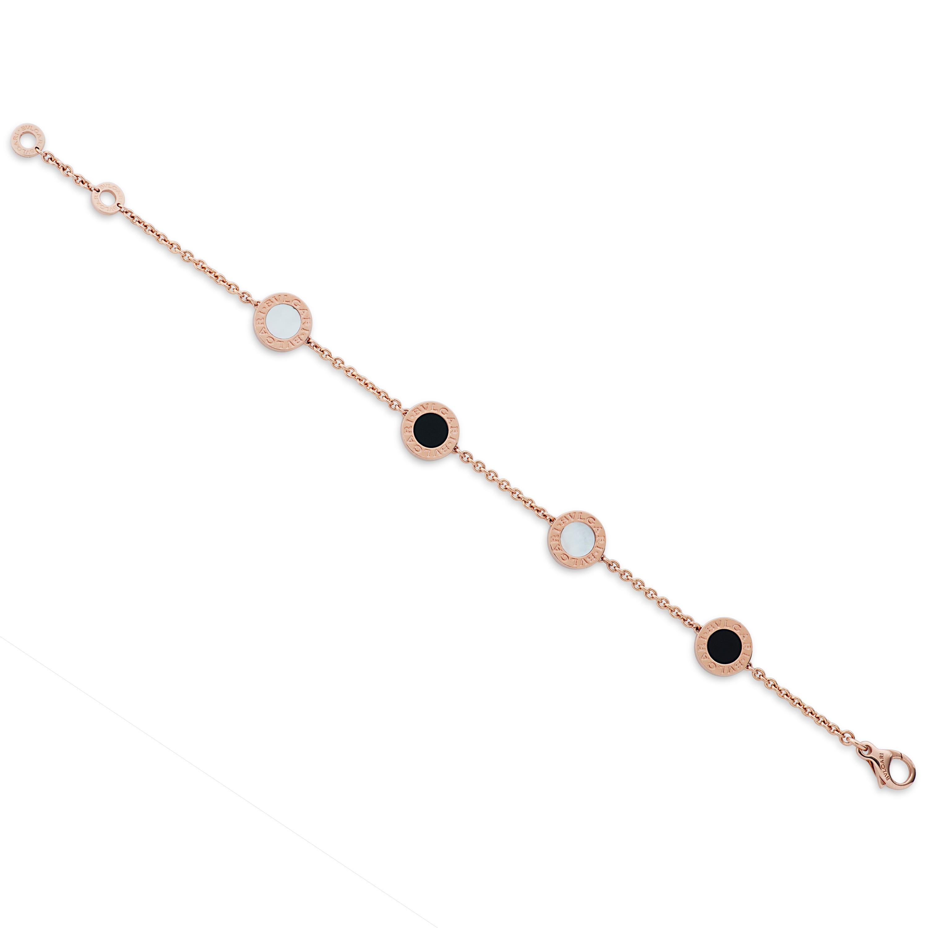 Round Cut Bvlgari Onyx and Mother of Pearl Station Bracelet in 18k Rose Gold