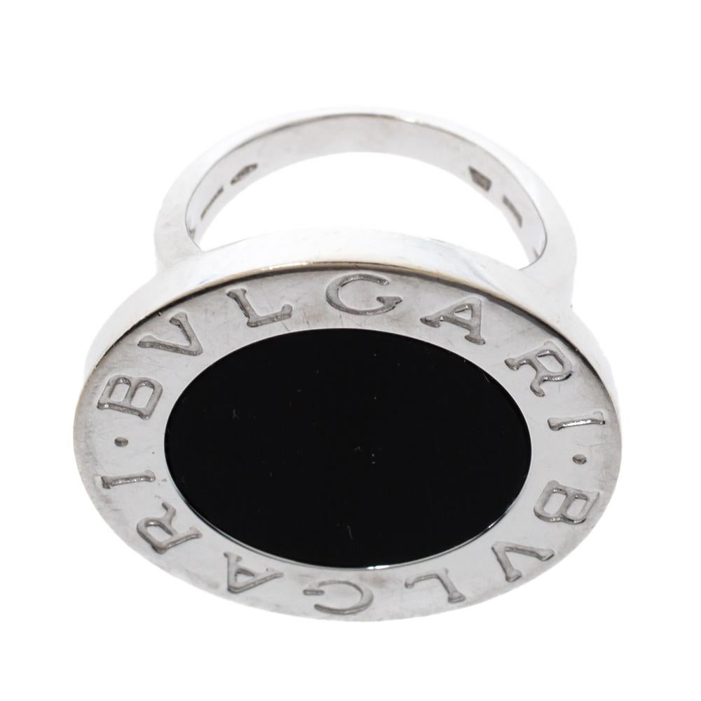 Contemporary Bvlgari Onyx Inlay 18K White Gold Circular Ring Size 52