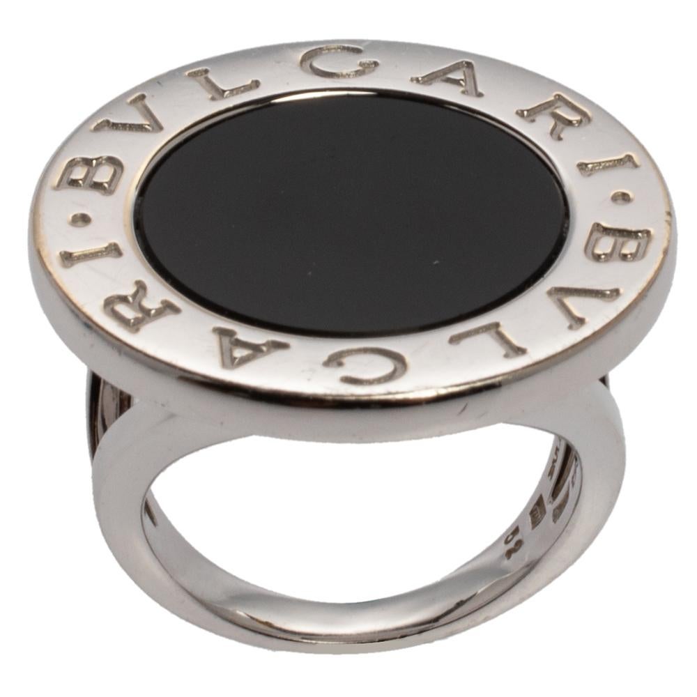 Uncut Bvlgari Onyx Inlay 18K White Gold Circular Ring Size 52