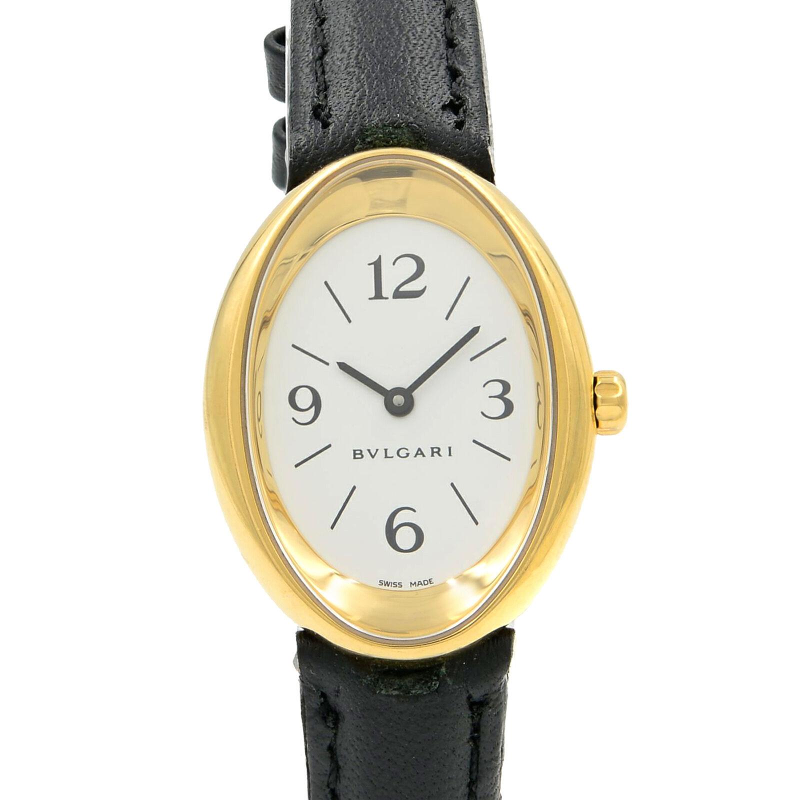 This pre-owned Bvlgari OV 32 G is a beautiful Ladies timepiece that is powered by a quartz movement which is cased in a yellow gold case. It has a round shape face, no features dial and has hand arabic numerals, sticks style markers. It is completed