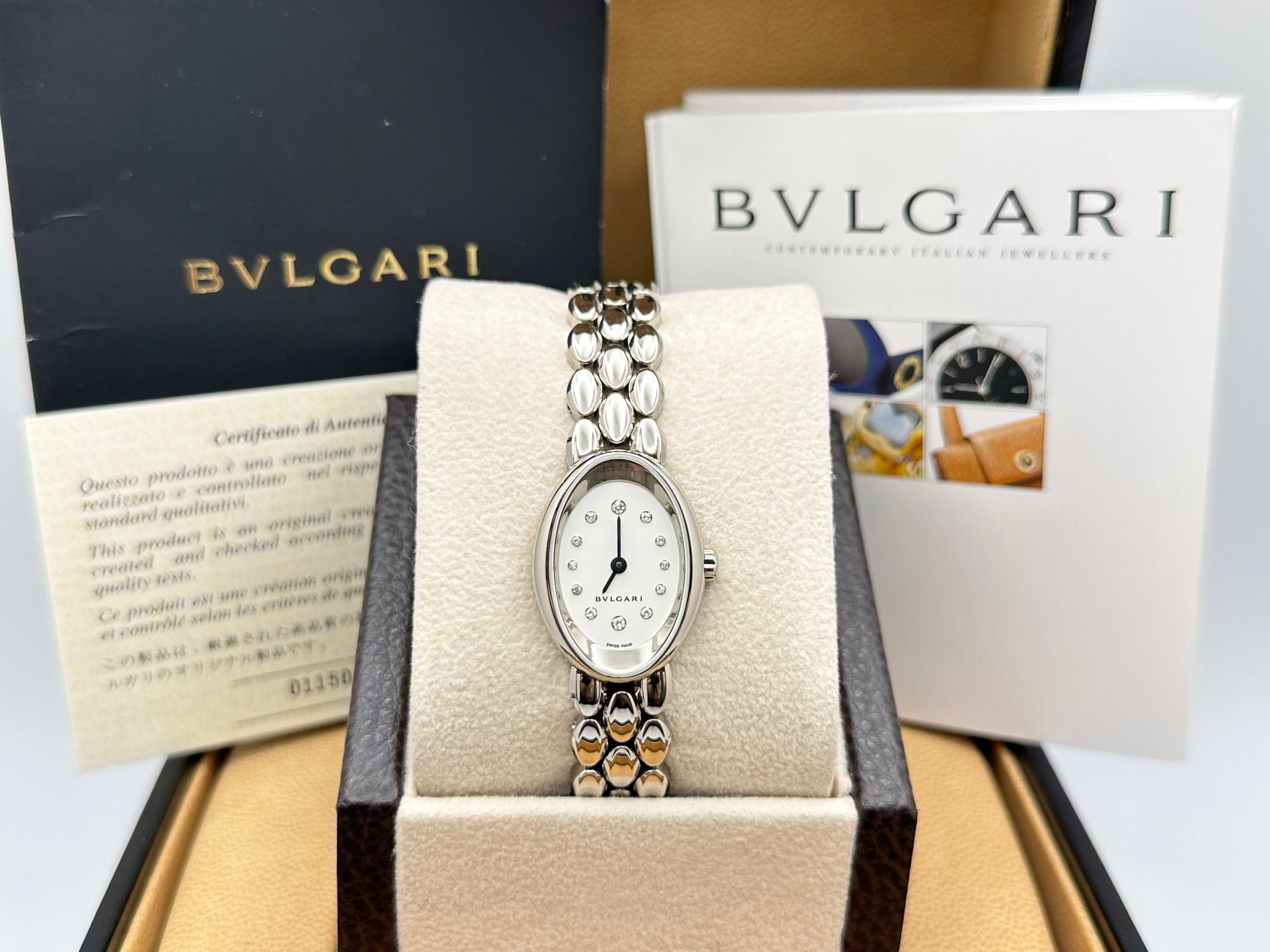 Numero di stile: OVW27G

 

Model: Bvlgari Ladies Ovale

 

Materiale della cassa: Oro bianco 18 carati

 

Fascia: oro bianco 18 carati



Peso: 89,7 grammi

 

Lunetta: oro bianco 18 carati

 

Quadrante: Quadrante con diamanti bianchi

