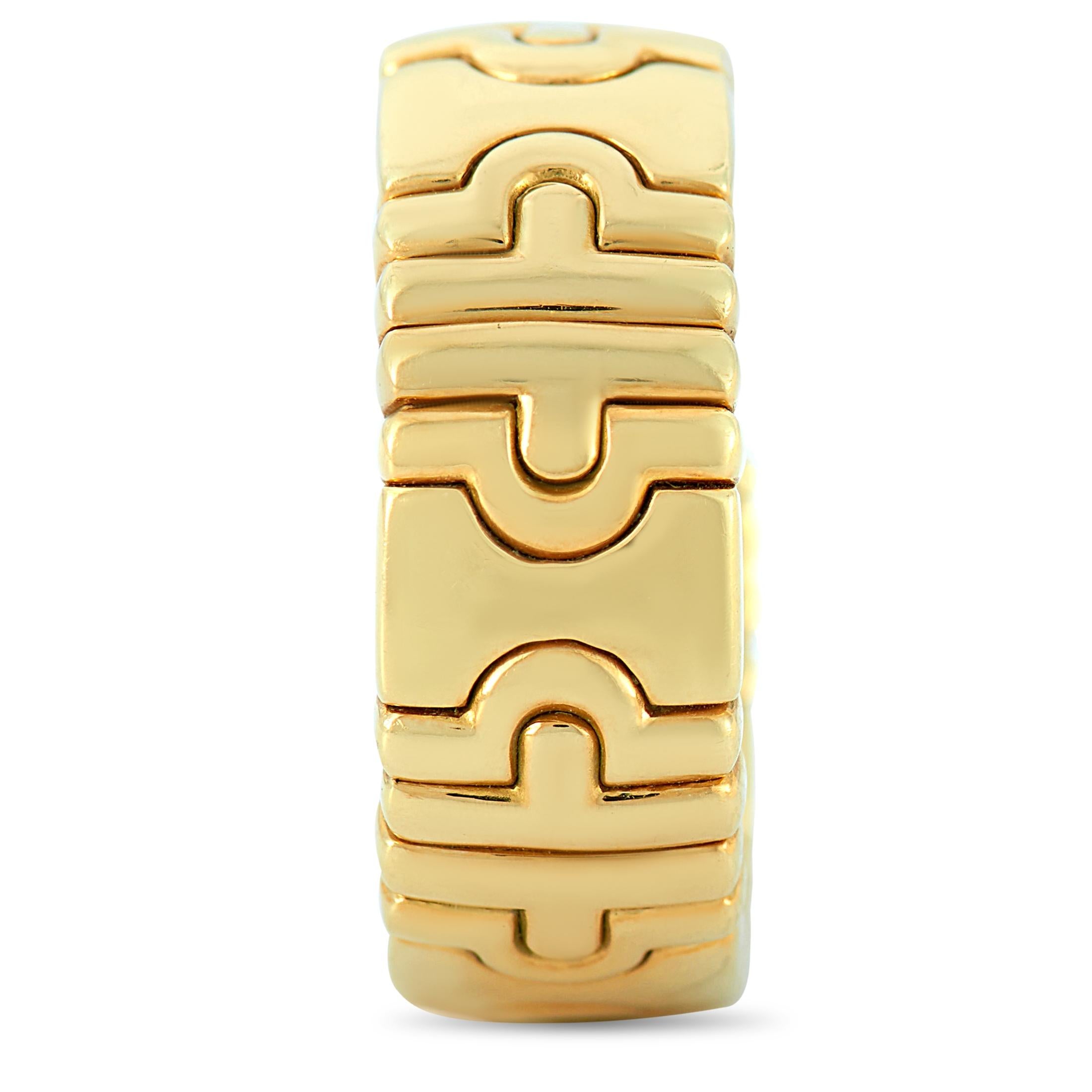 The Bvlgari “Parentesi” ring is made of 18K yellow gold and weighs 14.9 grams, boasting band thickness of 8 mm.
 
 This jewelry piece is offered in estate condition and includes the manufacturer’s box.
Ring Size: 5.5