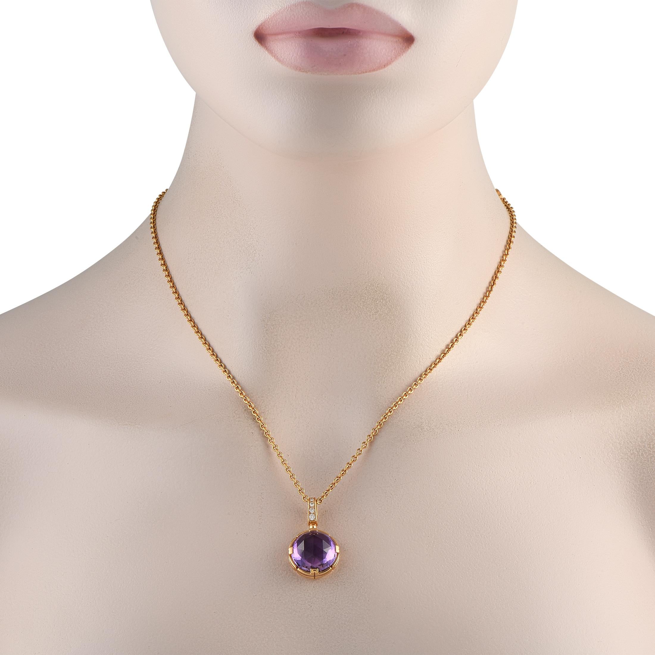 This Bvlgari Parentesi ring is as charming as it is sophisticated. A breathtaking Amethyst gemstone serves as a stunning focal point on this pieces 18K Rose Gold pendant, which measures 1.0 long by 0.70 wide and is suspended from an 18 chain.