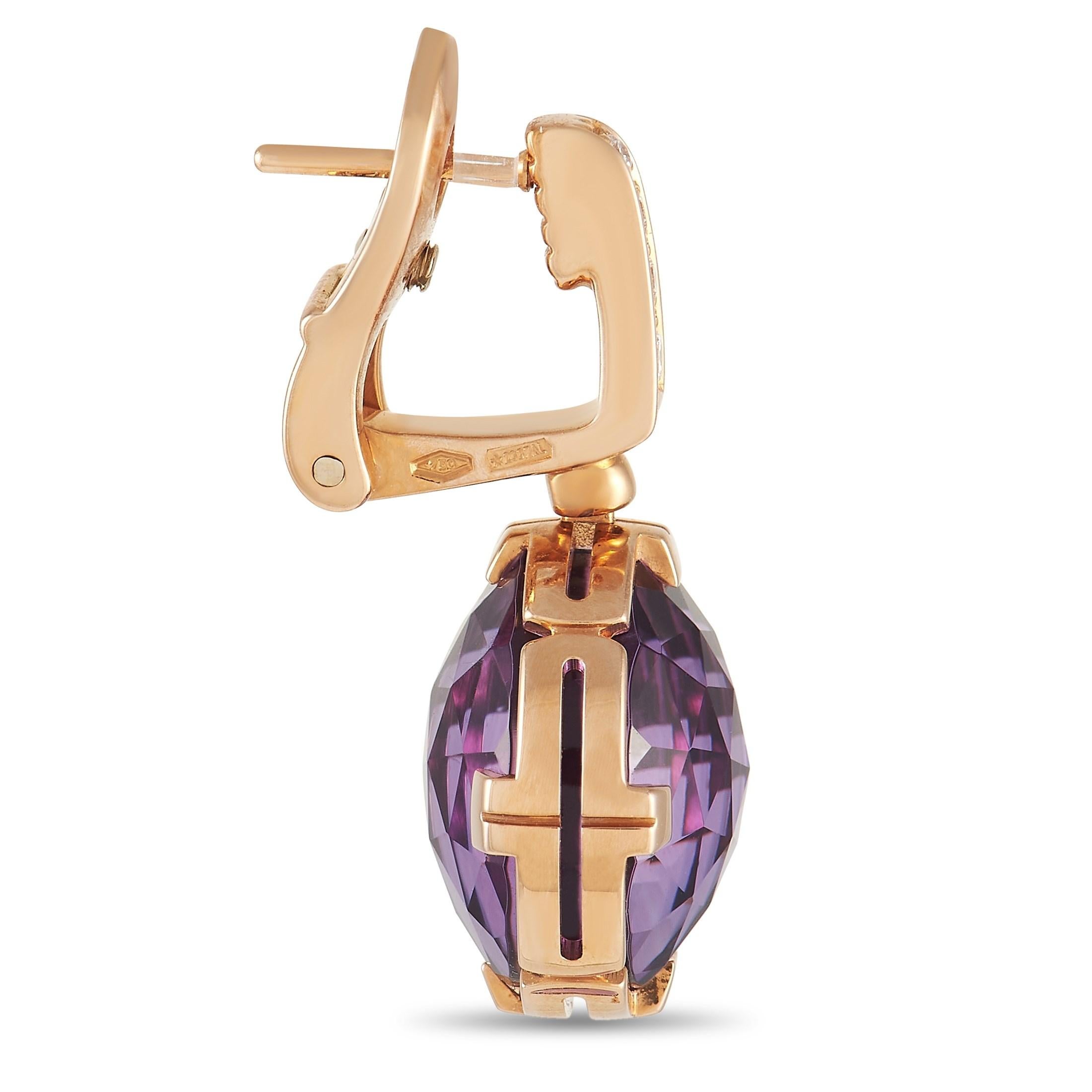 Brilliant amethyst gemstones make these Bvlgari Parentesi earrings simply exquisite. The elegant 18K rose gold setting is also enhanced by sparkling diamonds, which together possess a total weight of 0.15 carats. Each earring measures 1.25” long and