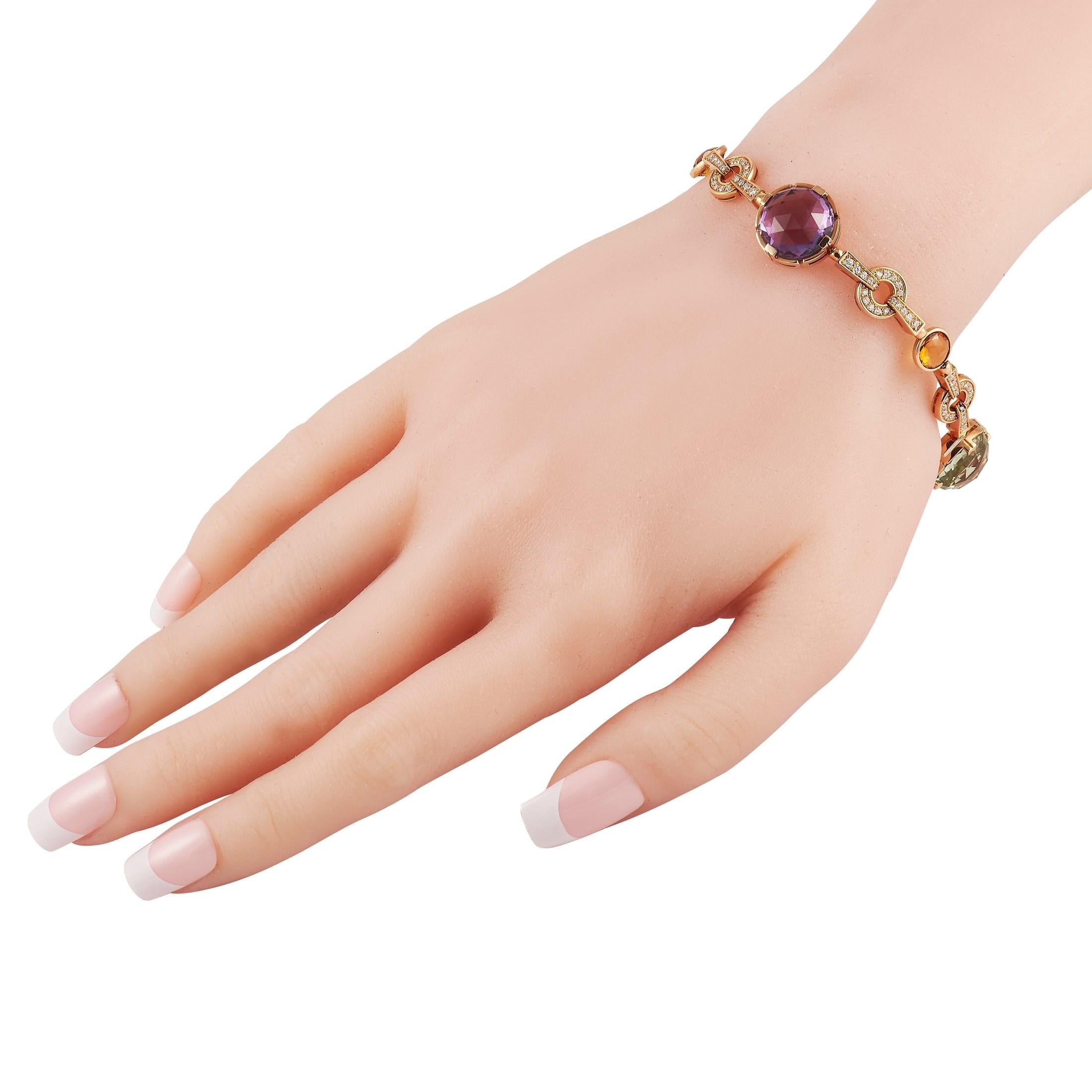 This Bvlgari Parentesi bracelet will add a stylish pop of color to any outfit. Diamonds with a total weight of 0.90 carats elevate the 18K rose gold setting, which measures 8” long. Bold amethyst and citrine accents provide an elegant finishing