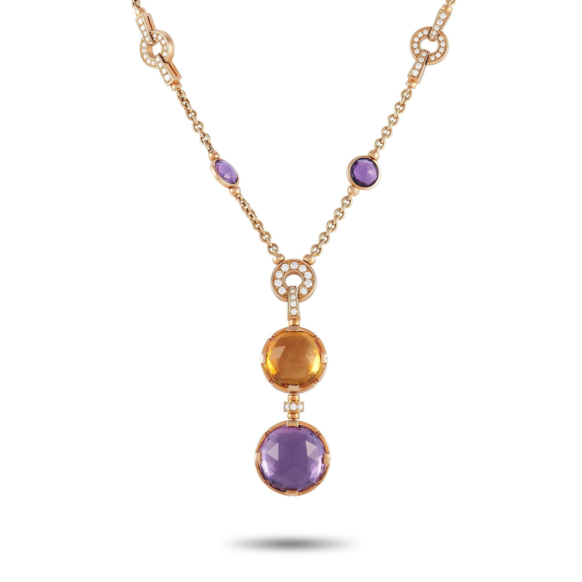This Bvlgari Parentesi necklace features a dynamic design that will take your breath away. Crafted from 18K rose gold, this piece measures 17” long and sparkles thanks to inset diamonds totaling 1.70 carats. Citrine and amethyst gemstones a touch of