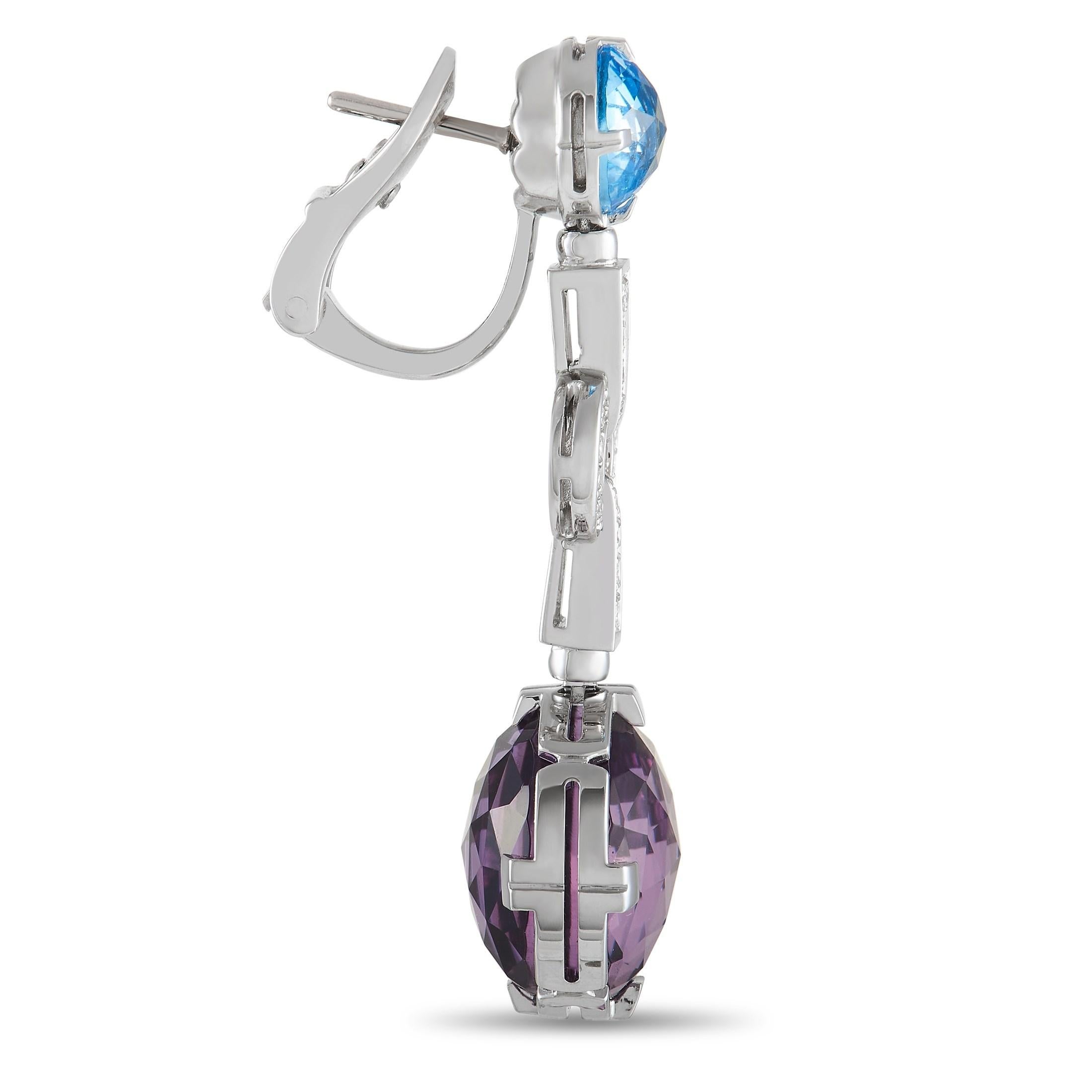 Elevate any ensemble with these sleek, sophisticated Bvlgari Parentesi earrings. Diamonds with a total weight of 0.30 carats allow them to sparkle and shine, while amethyst and blue topaz gemstones add an elegant pop of color. Each one is crafted